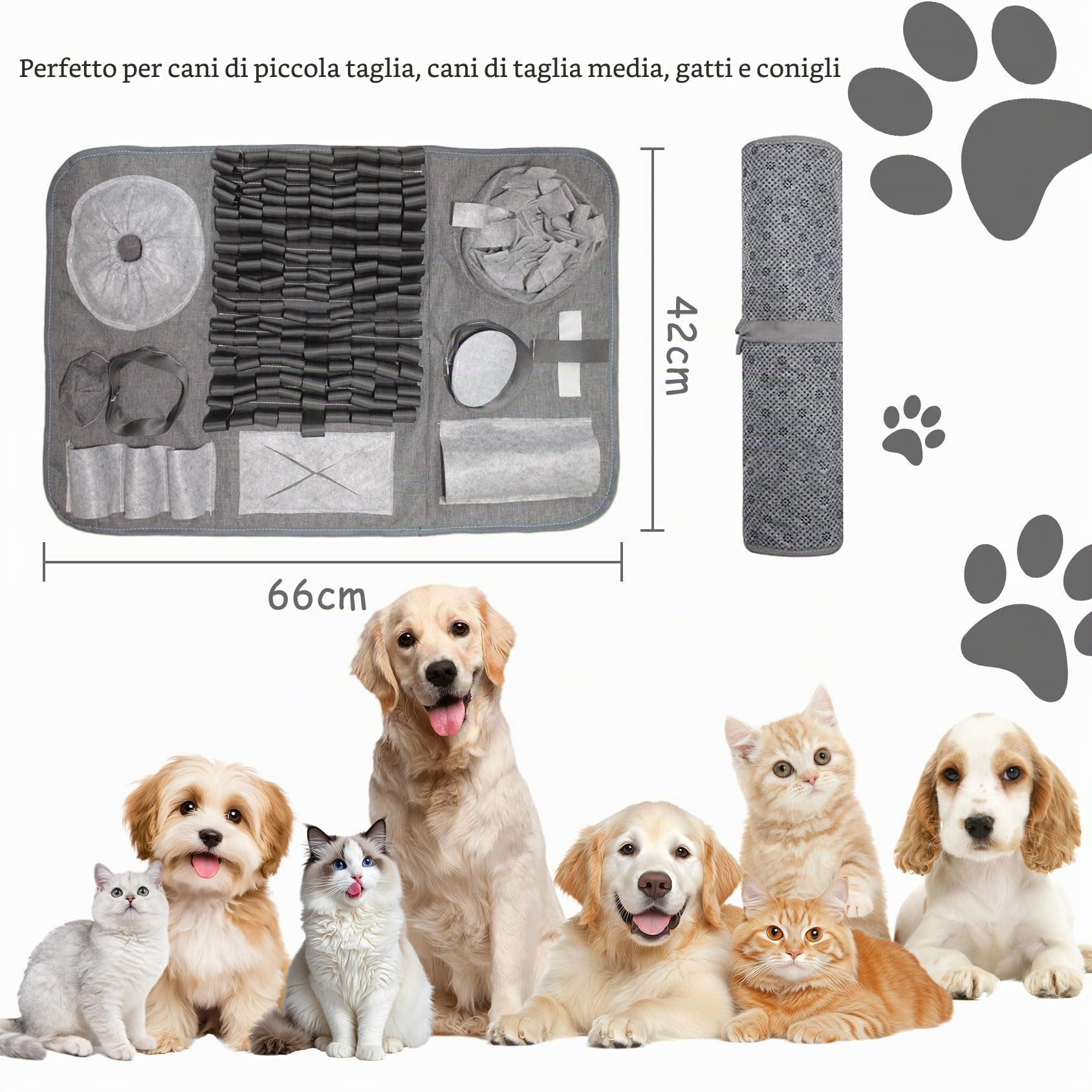 Tappeto Olfattivo Cane, 66x42cm【10 Nascondigli】Lavabile Pieghevole Tappetino Olfattivo per Cani, Giochi Interattivi per Cani, Antiscivolo Tappetino, Attivazione Mentale Cane