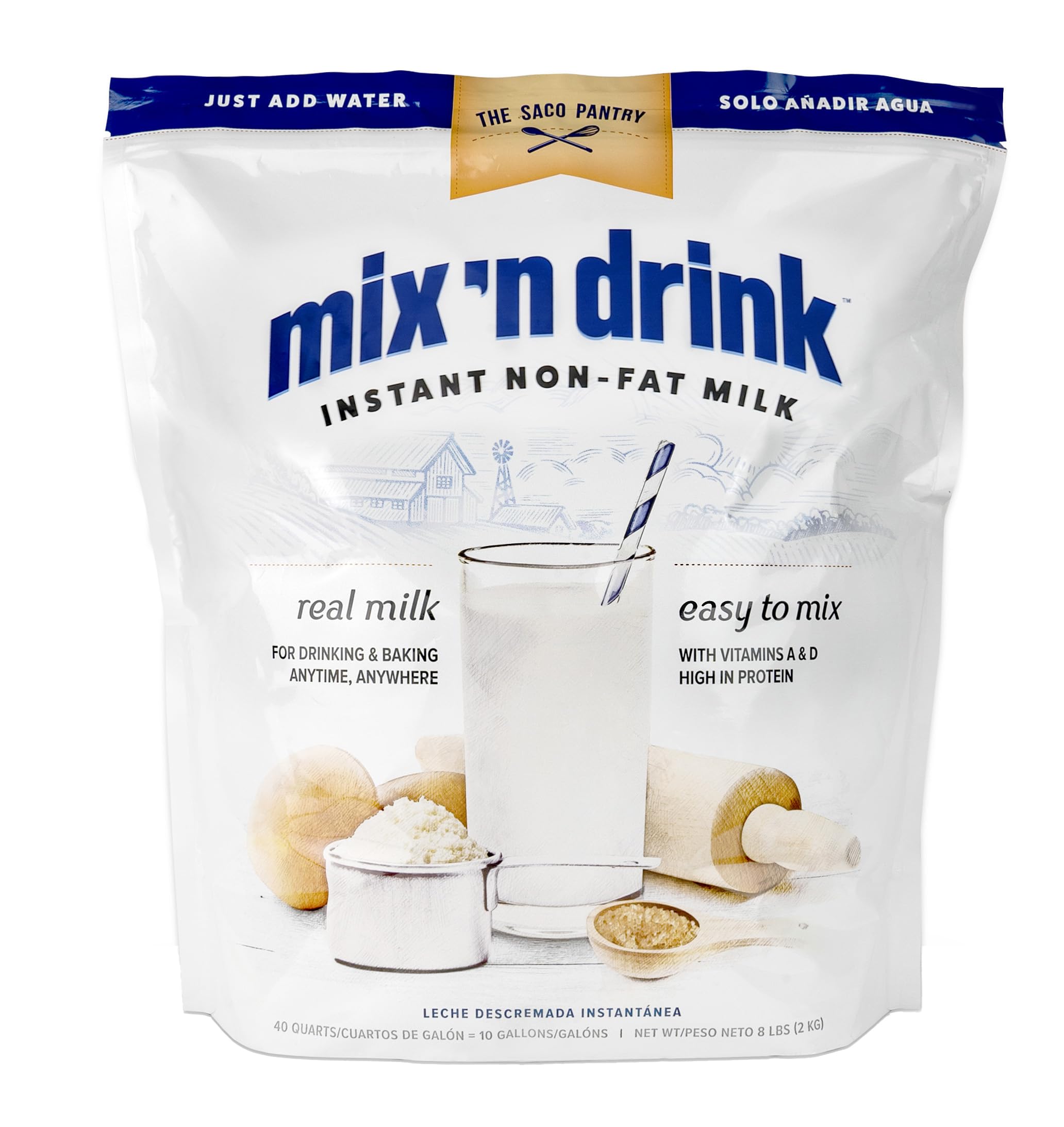 SACO Mix 'n Drink Instant Skim Milk, Fat-Free, GMO-Free, Gluten-Free, Nut-Free, rBST Free, High Calcium and Protein, Makes 10 Gallons