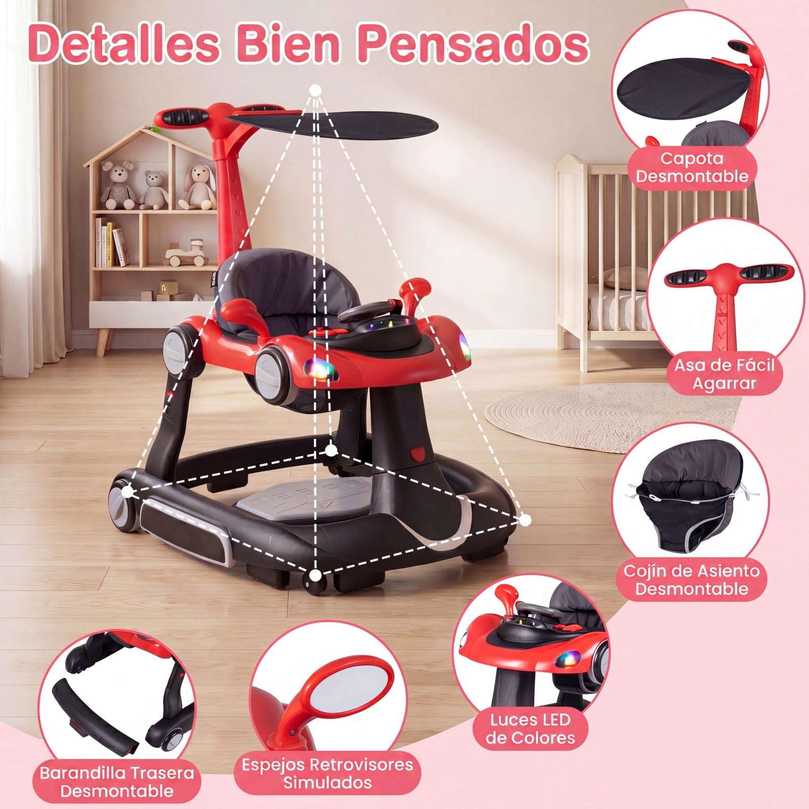 COSTWAY 7 en 1 Andador Bebes con Capota, Tacata Bebe Plegable con Altura y Velocidad Regulables con Modo Mecedora, Música, Luces y Diseño Antivuelco,Caminador para Bebe de 7-18 Meses (Negro y Rojo)