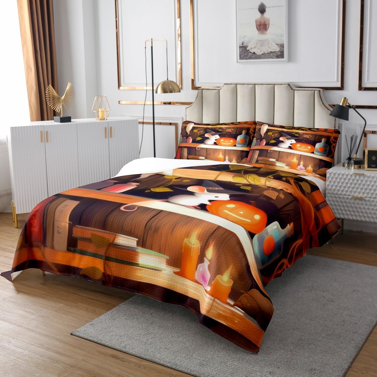 Cute Witch Mouse Bedspread Queen Size for Kids Girls Boys,Cartoon Halloween Theme Decor Bedding Set 3Pcs,Pumpkin Lantern Comforter Set Vintage Bookshelf Pattern Quilt Coverlet,2 Pillowcases