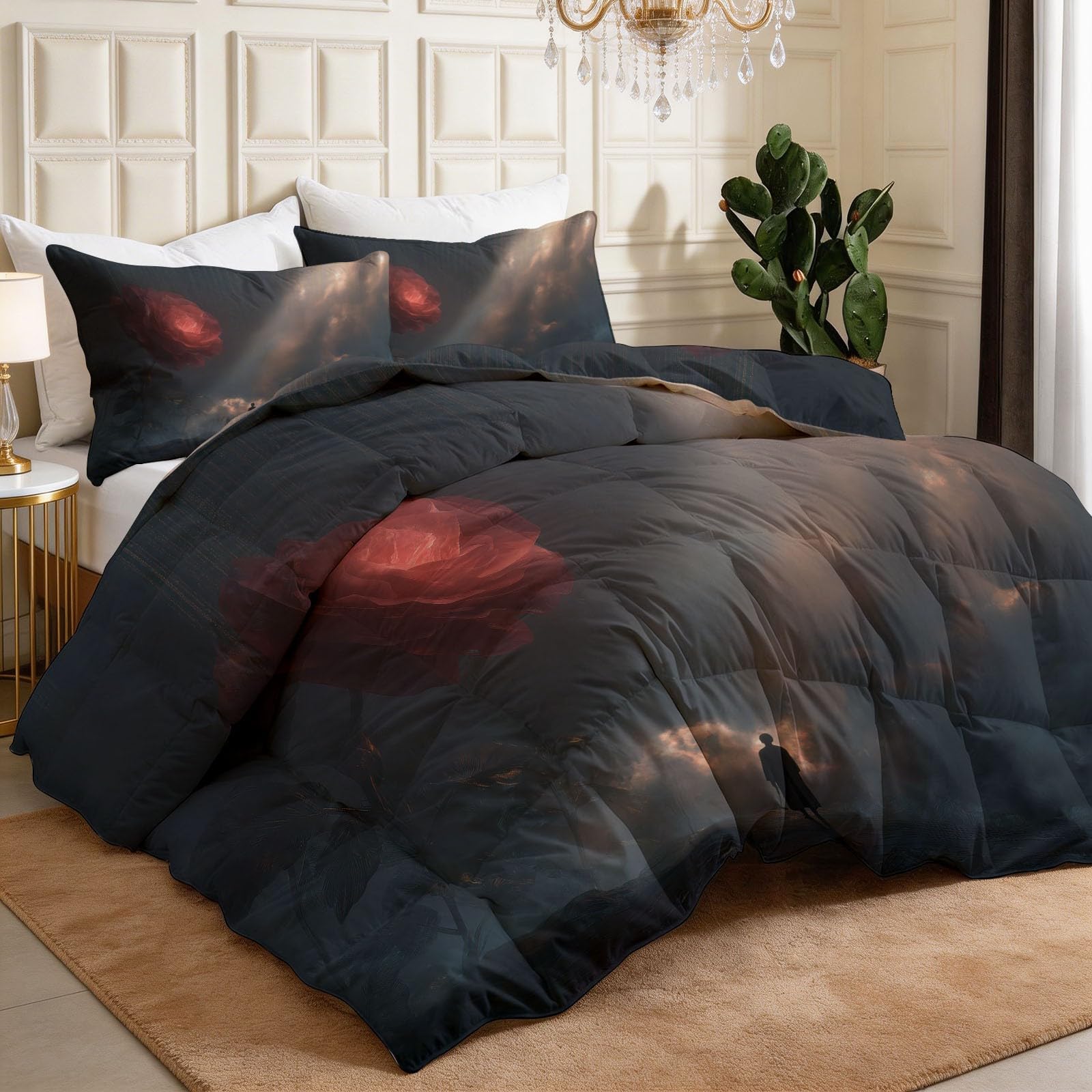 Super King – zestaw pościeli bez pokrowca 7,5 Tog, fantazyjna figurka, sylwetka 260 x 220 cm, oddychająca, ultramiękka, dwustronna pościel z 2 poszewkami na poduszki, chmury, czerwona róża i morze na
