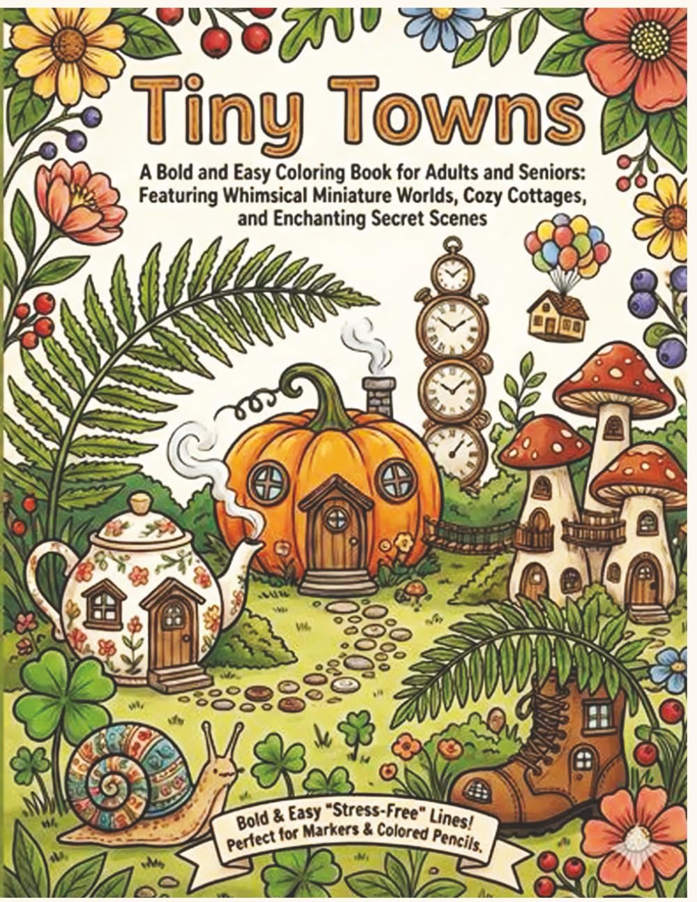 Tiny Towns: A Bold and Easy Coloring Book for Adults and Seniors: Featuring Whimsical Miniature Worlds, Cozy Cottagecore Homes, and Relaxing Fantasy Architecture