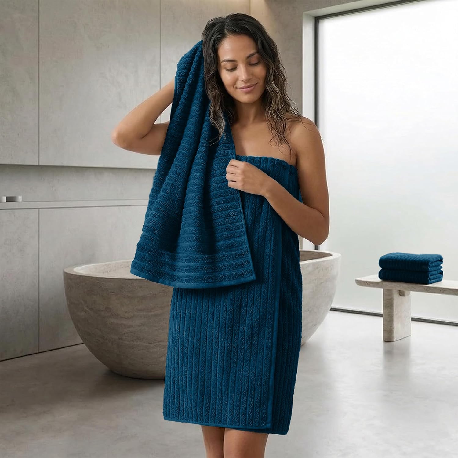 RIVERSIDE Pack of 2 Extra Large Bath Sheet Towels, 35 x 70 Inches, 600 GSM, Ribbed Stripe, 100% Cotton - Super Soft, Highly Absorbent & Quick Dry for Bathroom, Spa & Hotel, Opal Blue