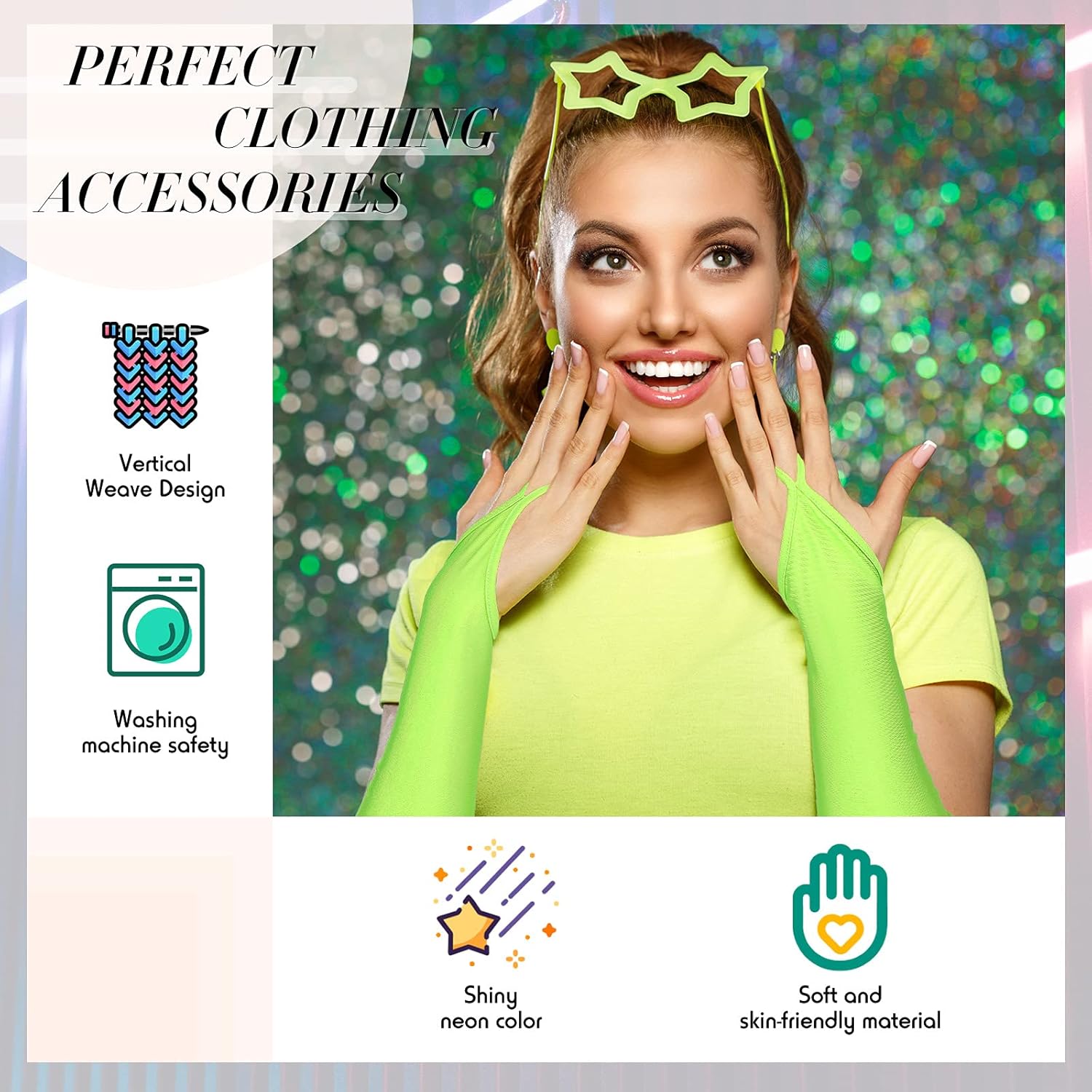 Boyiee 2 Pairs 80s Neon Stretchy Spandex Fingerless Gloves Ring Style over Elbow Cosplay Catsuit Opera Long Gloves(Green, Yellow) - Image 4