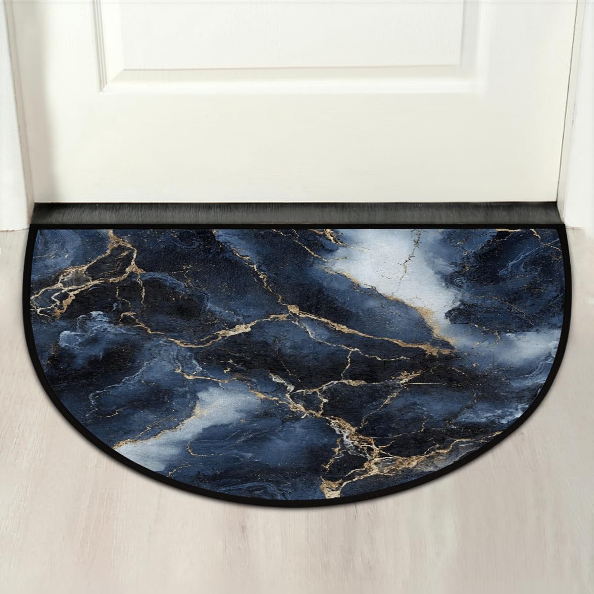 Half Round Door Mat Navy Blue Marble Abstract Non Slip Washable Semi Circle Area Rug Absorbent Soft Half Moon Rug Floor Mat for Indoor Outdoor Kitchen Bathroom Patio Front Door Mat Decor