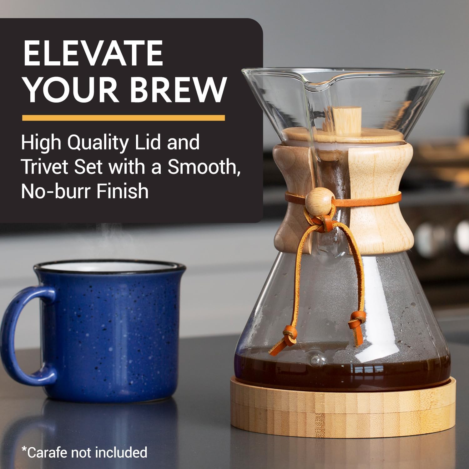 IMPRESA Coffee Pot Cover & Wooden Trivet Set Compatible with Chemex - 6 & 8 Cup Carafes Heat-Retaining Lid for Pour Over Coffee Maker - Insulating Trivet for Carafe