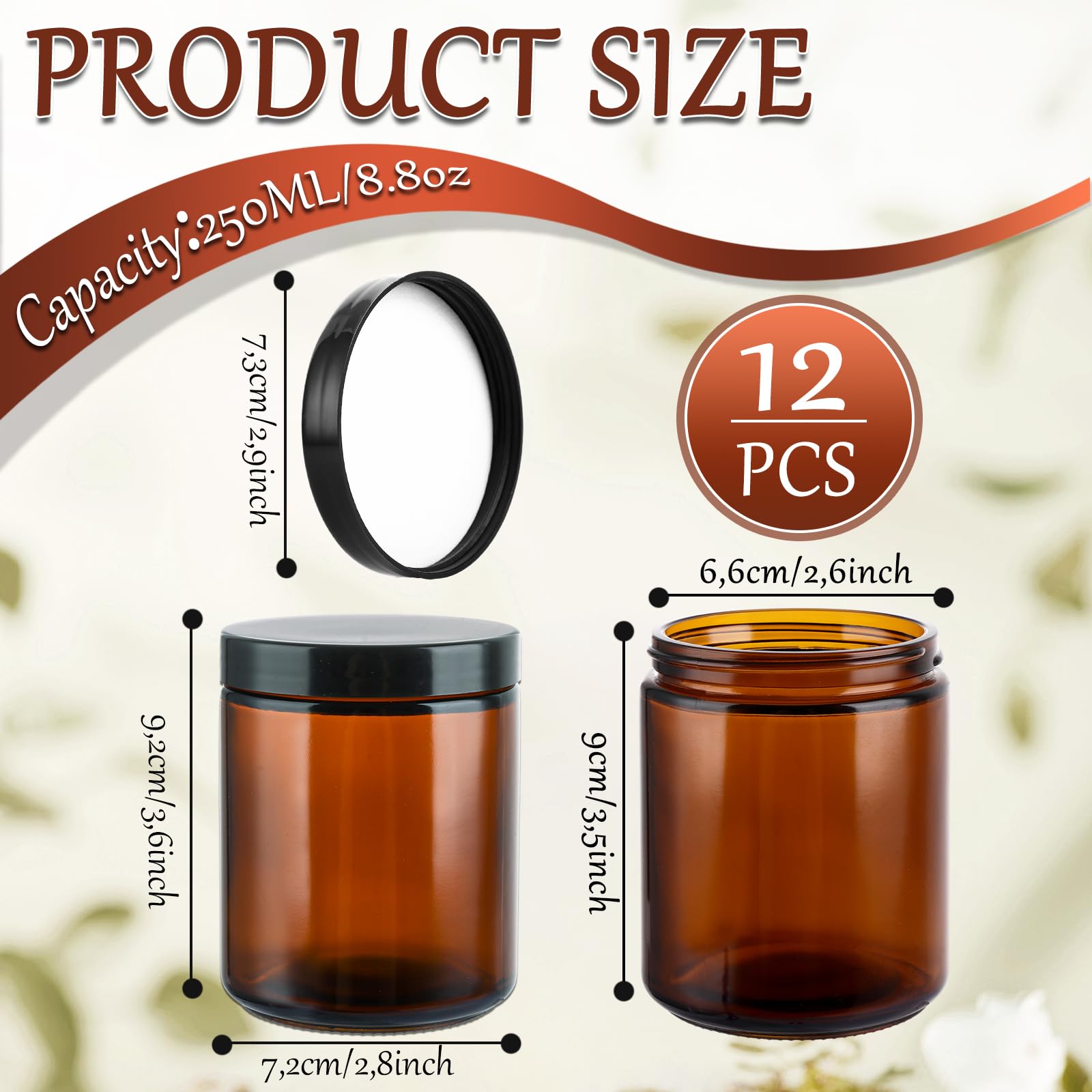 LOPYXBR 12 Pack 250 ml Amber Glass Jars 8 oz Empty Cosmetic Containers, Travel Pots with Labels - Image 2