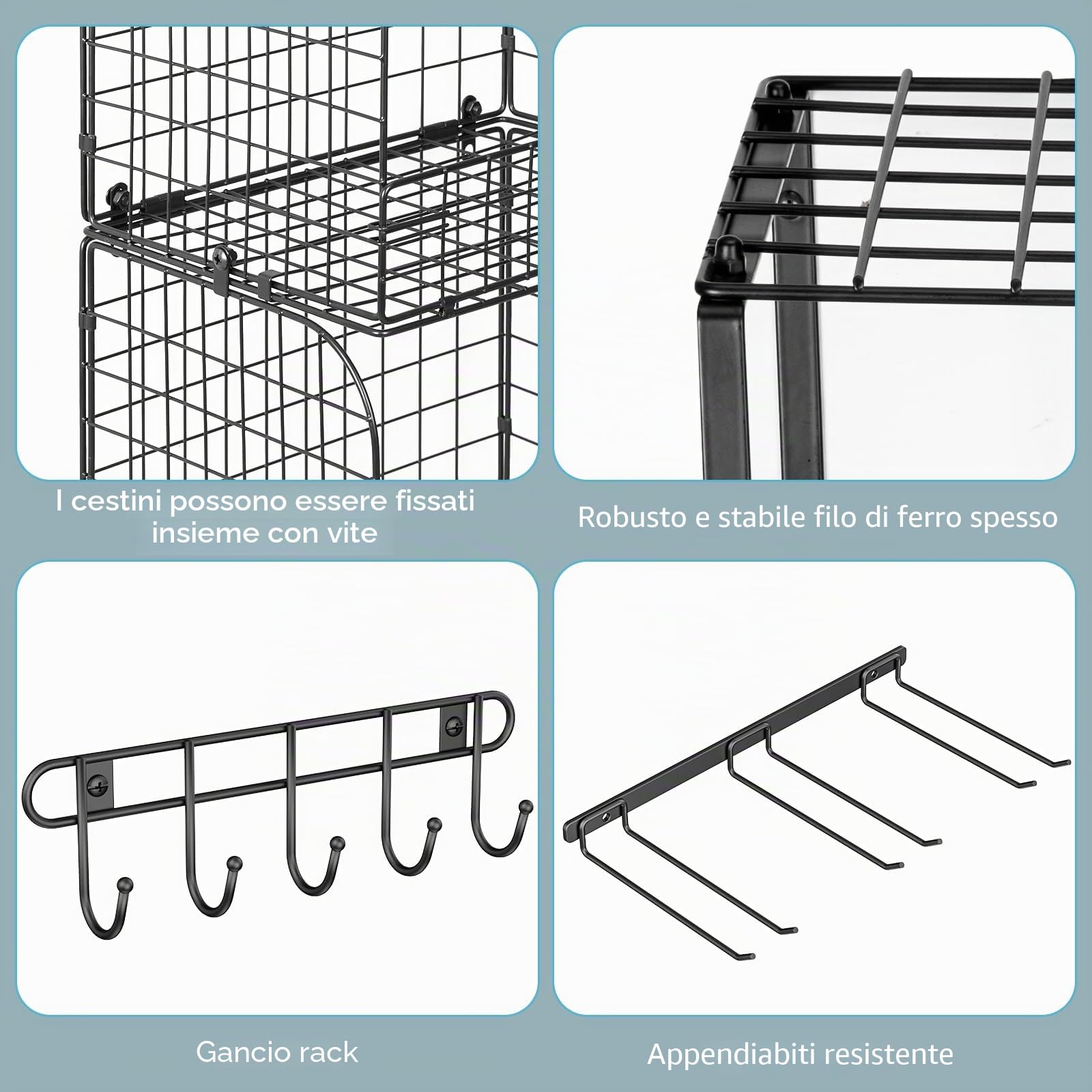 ThreeHio Mensola da garage a parete con cesti metallici, resistente mensola da parete per garage con scaffale per attrezzi da giardino e ganci, organizer per attrezzi per casa, giardino, cortile e