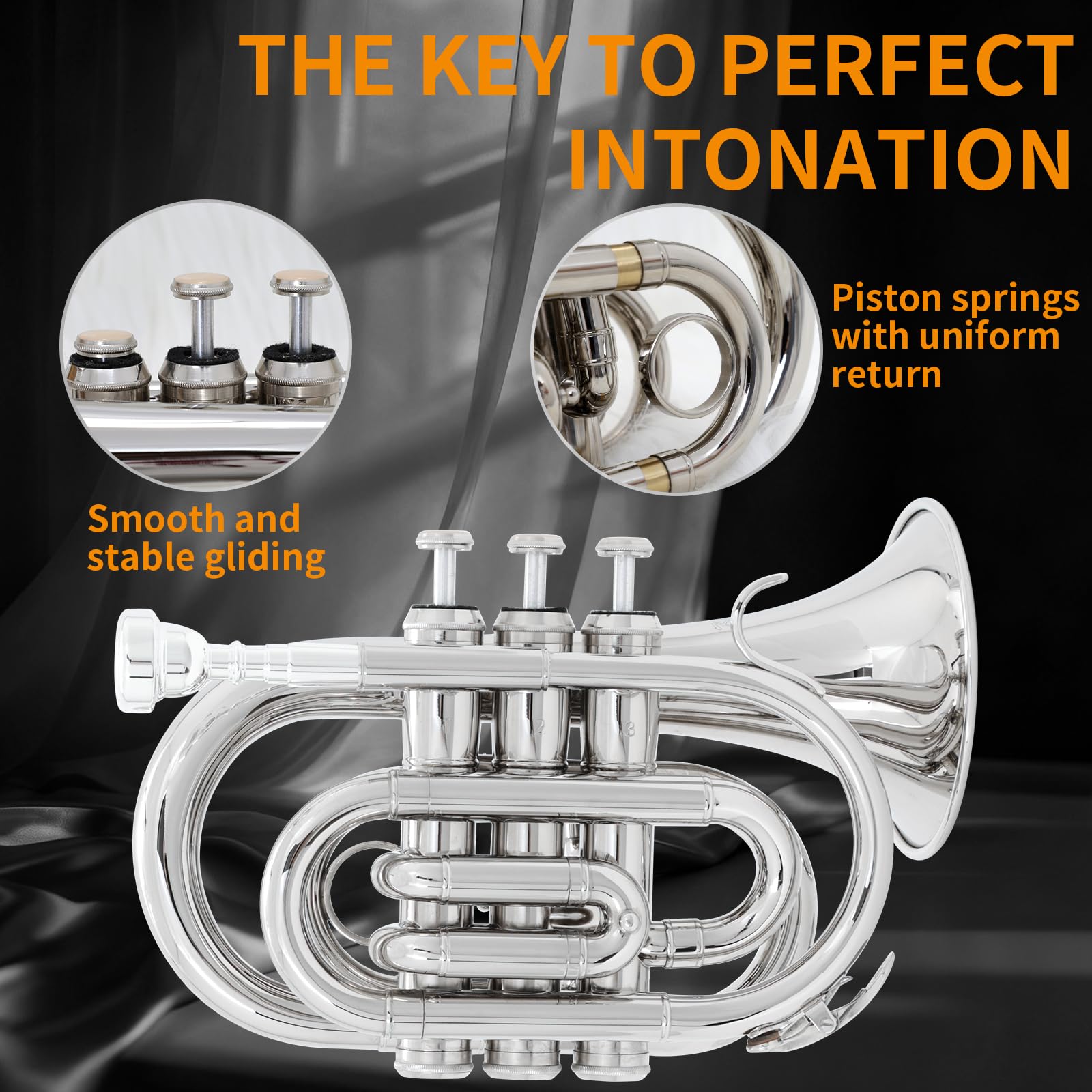 Kmise Bb Tragbare Taschentrompete, Premium-Messing-Mini-Trompeten für Studenten, Anfänger, Trompeteninstrument-Set mit stabilem Koffer, 7C-Mundstück, Anfängerführungsset und Reinigungsset (vernickelt)