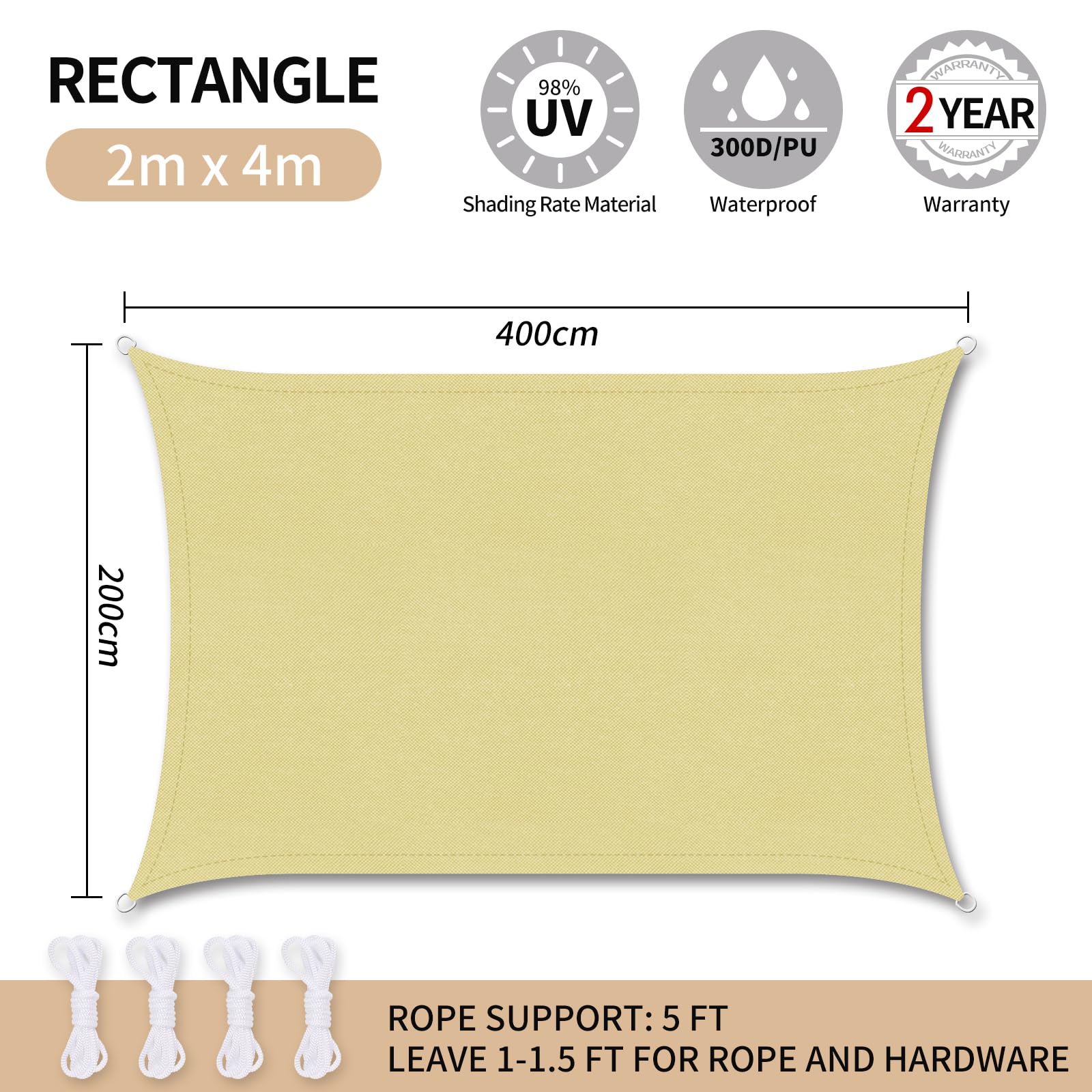 RICHIE Sun Shade Sail Rectangle 2m x 4m Waterproof, 98% UV Block Awnings for Patios with Free Rope Sunscreen Awning Canopy - Image 3