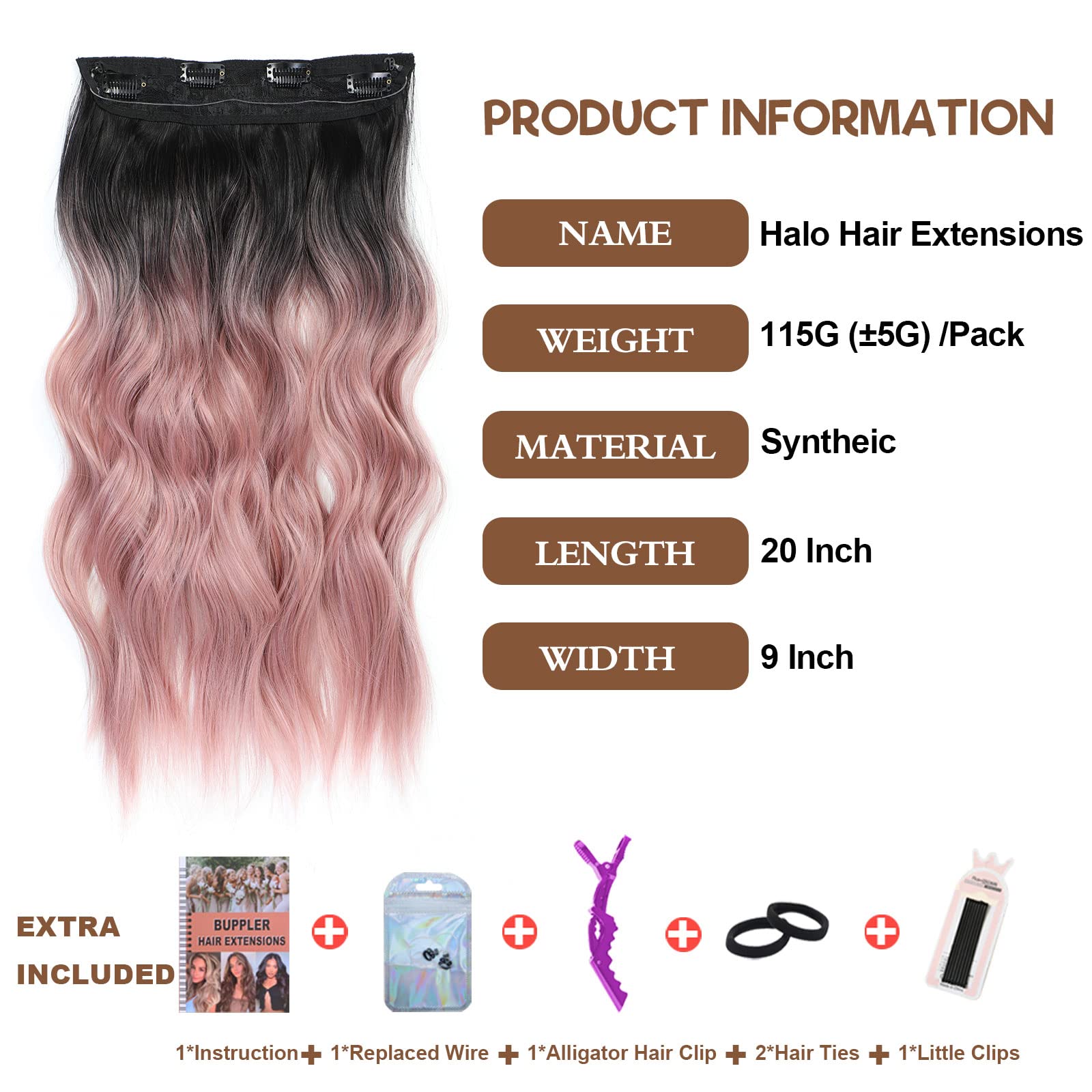 BUPPLER Halo Hair Extensions 20 Inch Invisible Wire Hair Extensions Adjustable Long Wavy Hairpiece Synthetic Upgrade 4 Secure Clips in Hairpieces 20 Inch,Black Brown to Pink Gray - Image 3