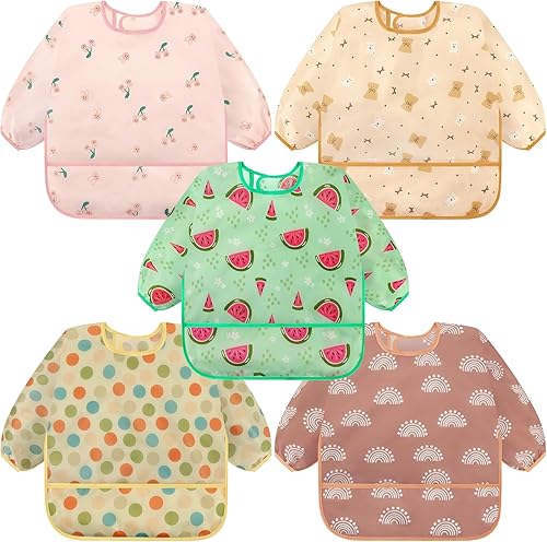 Miniatura 12 de Accmor Paquete de 5 Baberos de Manga Larga, Delantal Babero Impermeable con Mangas para Bebé y Niño Pequeño de 6-36 Meses Dinosaurio azul/dinosaurio