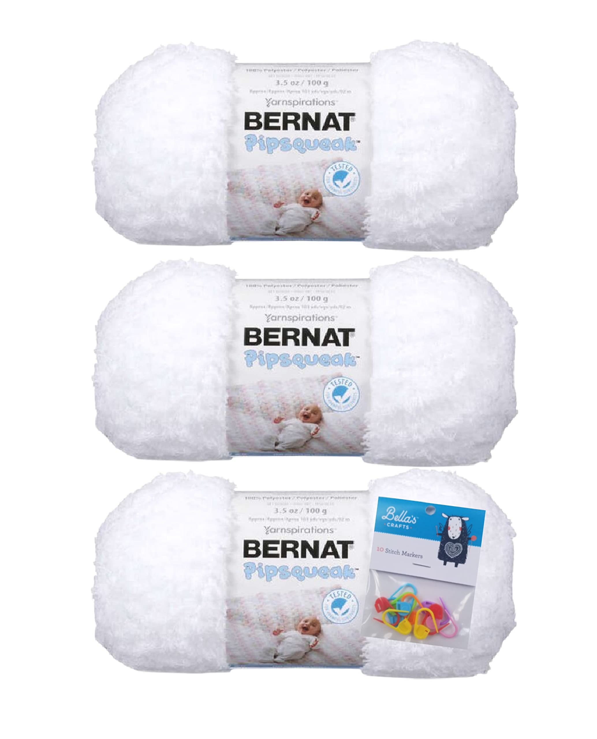 Bernat Yarn Pipsqueak Yarn, 3.5 Oz, 3-Pack Bundle with Bella's Crafts Stitch Markers (Whitey White)
