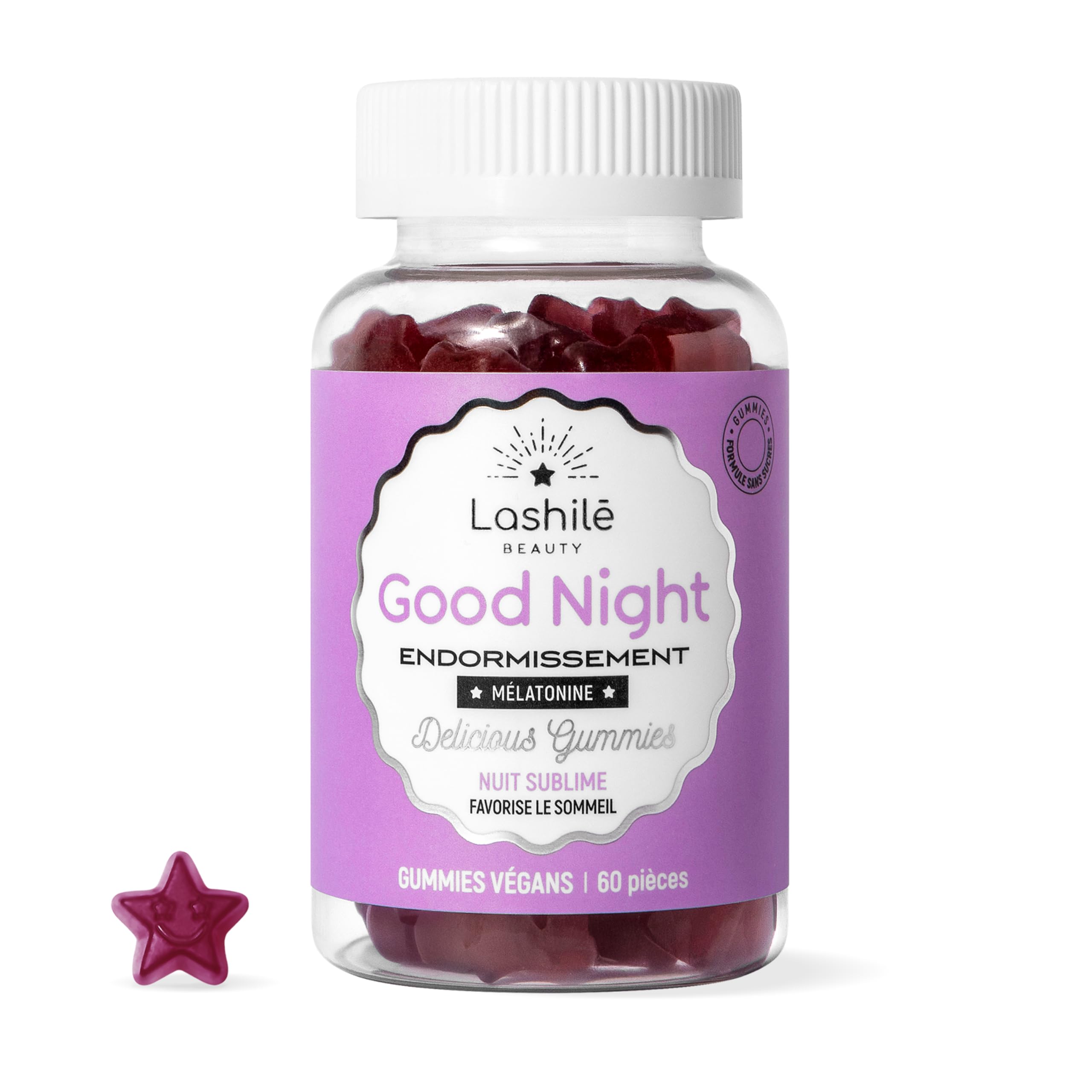 Lashilé Beauty - Gummies Sommeil Adulte - Favorise l'Endormissement et la Qualité du Sommeil - Good Night - Complement alimentaire - Mélatonine 1,9mg, Valériane - Cure 1 Mois 60 Gummies