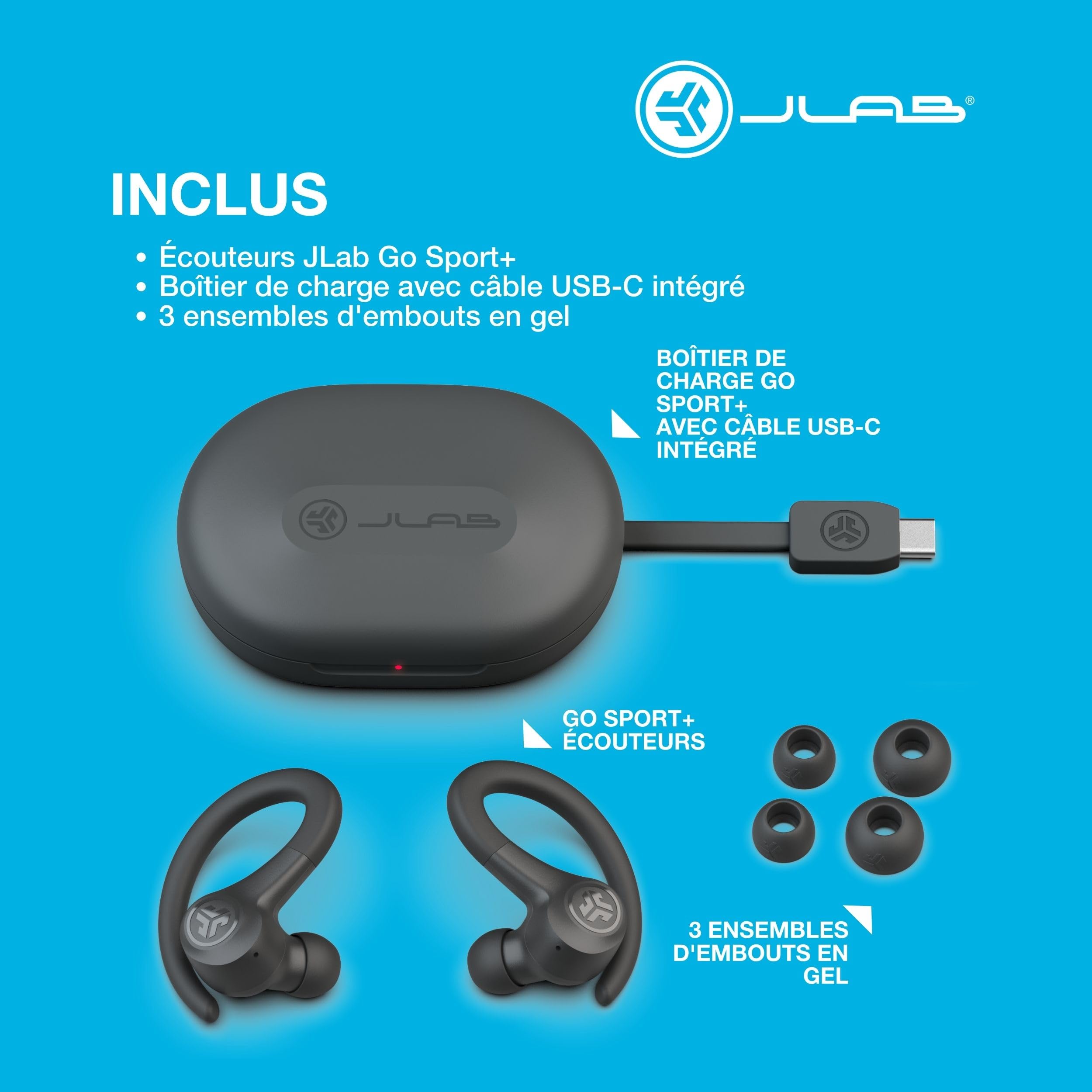 JLab Go Air Sport+ Écouteurs Bluetooth sans Fil Sport, Graphite | True Wireless, Oreillette 35h de Batterie, Indice d'Étanchéité IP55, Contrôle par Application
