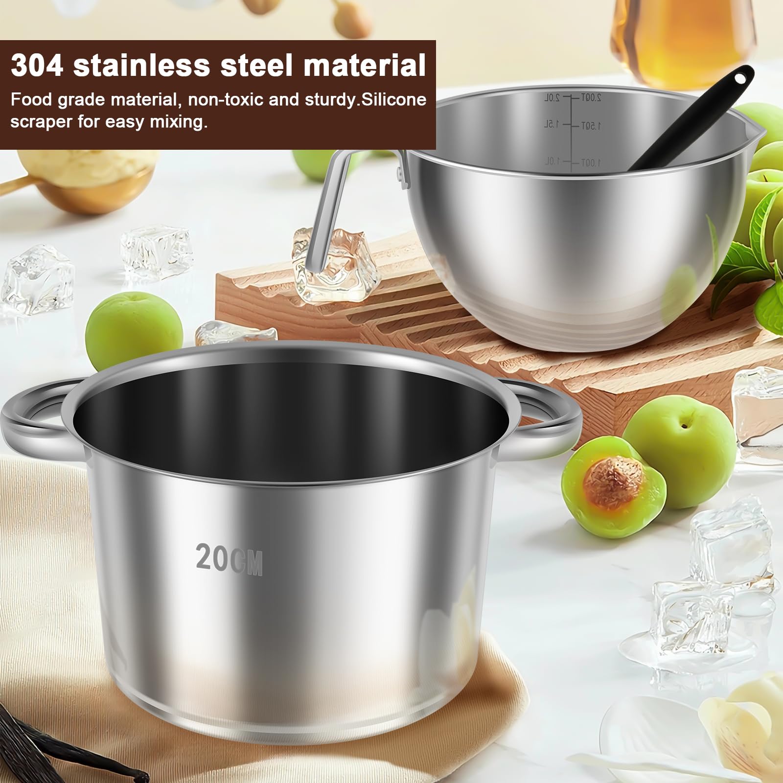 2pcs Double Boiler Pot Set with Silicone Spatula, 2QT Chocolate Melting Pot+2.54QT Stainless Steel Po t, Candy Melting Cooker for Cheese Chocolate Candy Butter Soap