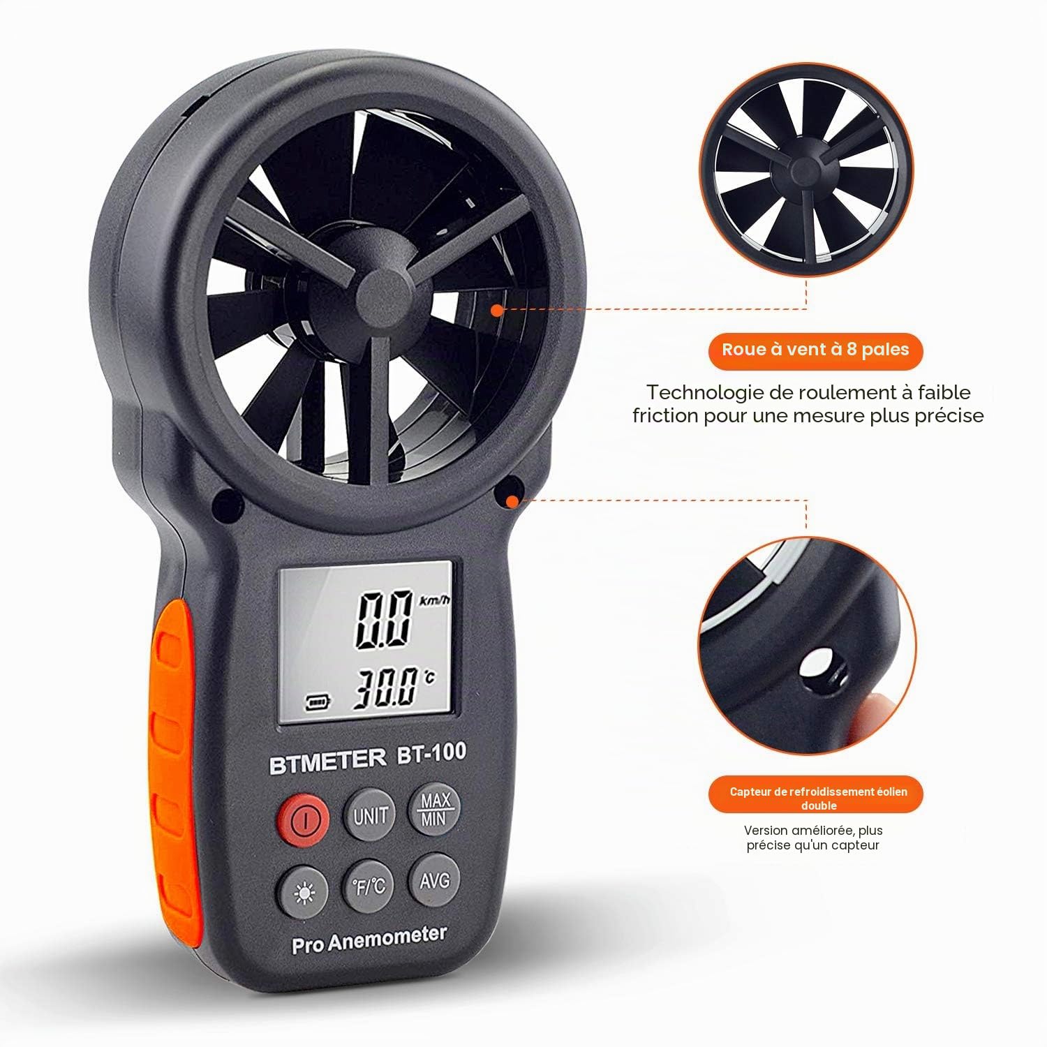 BTMETER Anémomètre numérique portatif BT-100, jauge de vitesse du vent, mesure avec précision la vitesse du vent et la température pour CFM, avec MAX/MIN/AVG, rétroéclairage LCD, CVC