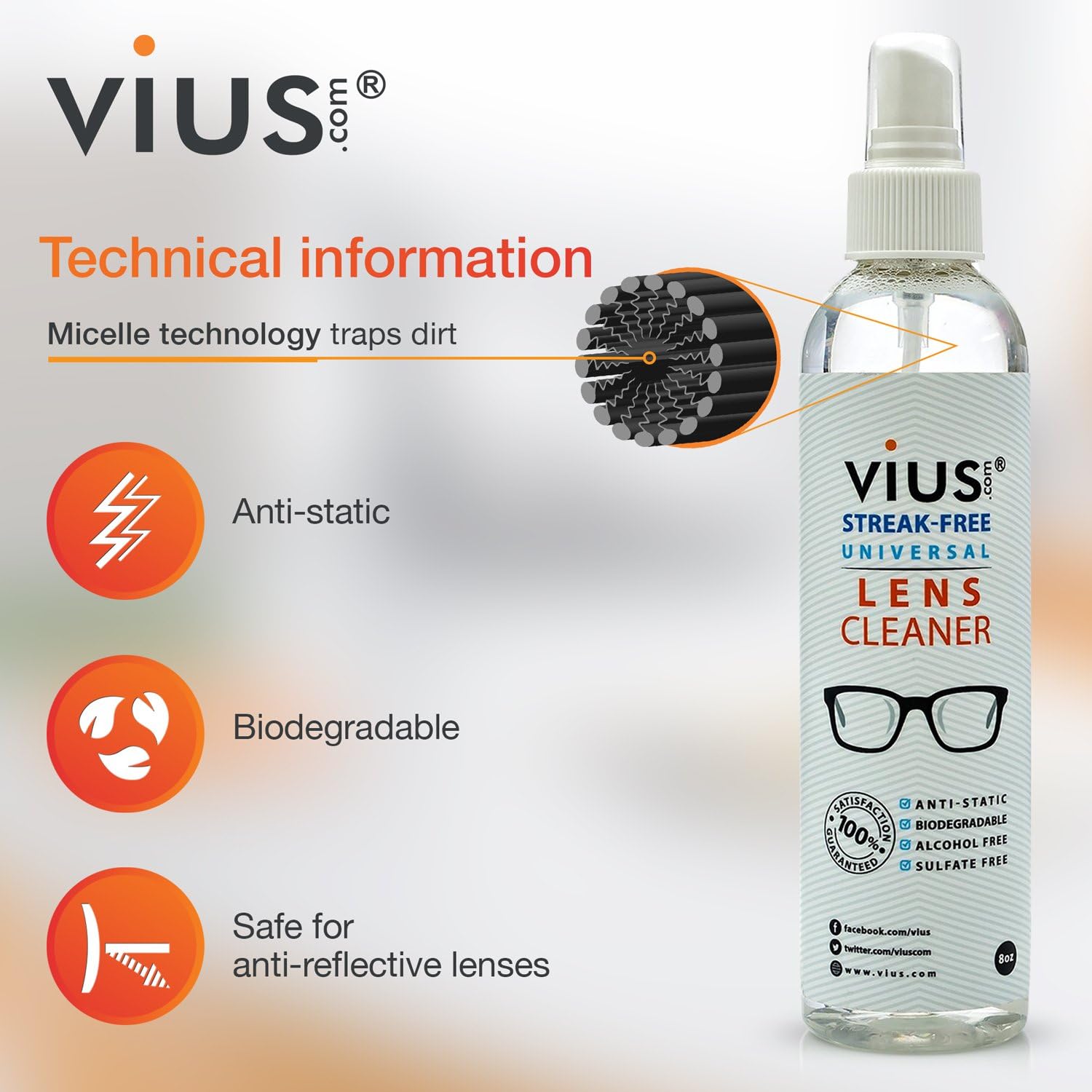 Lens Cleaner – vius Premium Lens Cleaner Spray for Eyeglasses, Cameras, and Other Lenses - Gently Cleans Fingerprints, Dust, Oil (8oz 2-Pack) : Health & Household