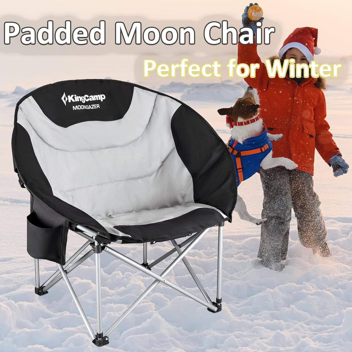 KingCamp Camping Chair Oversized Padded Moon Round Saucer Chairs Camping Folding Chair with Cup Holder (Black - 2 Pack)…