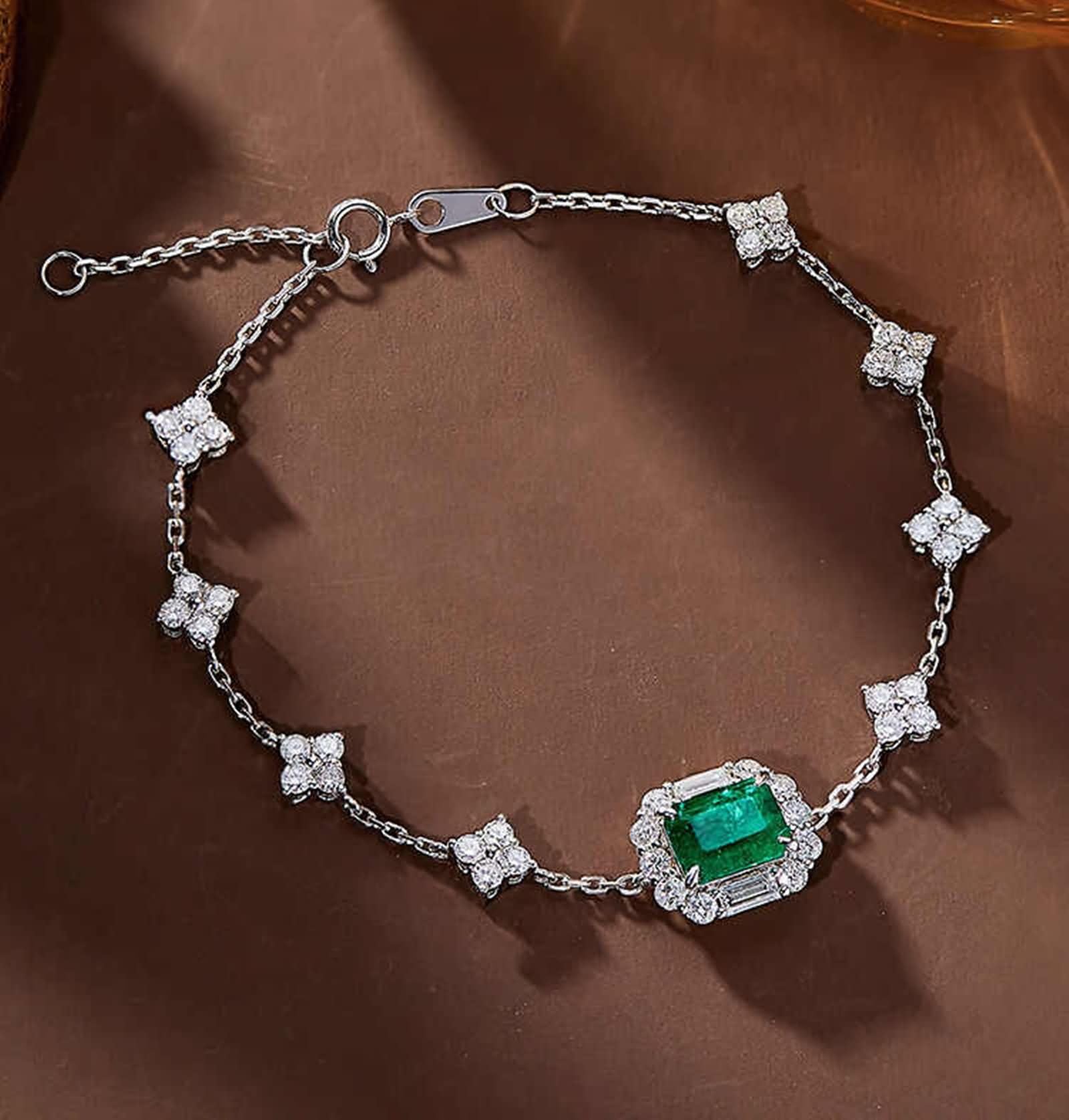 Weißgold Kette Armband 9 K / 14 K / 18 K für Damen, Rechteck mit Erstellter Smaragd 0,63 Karat und Moissanit 1,3 Karat, Verstellbare Länge 16 CM + 5 CM, Armkette Silber Grün Damen