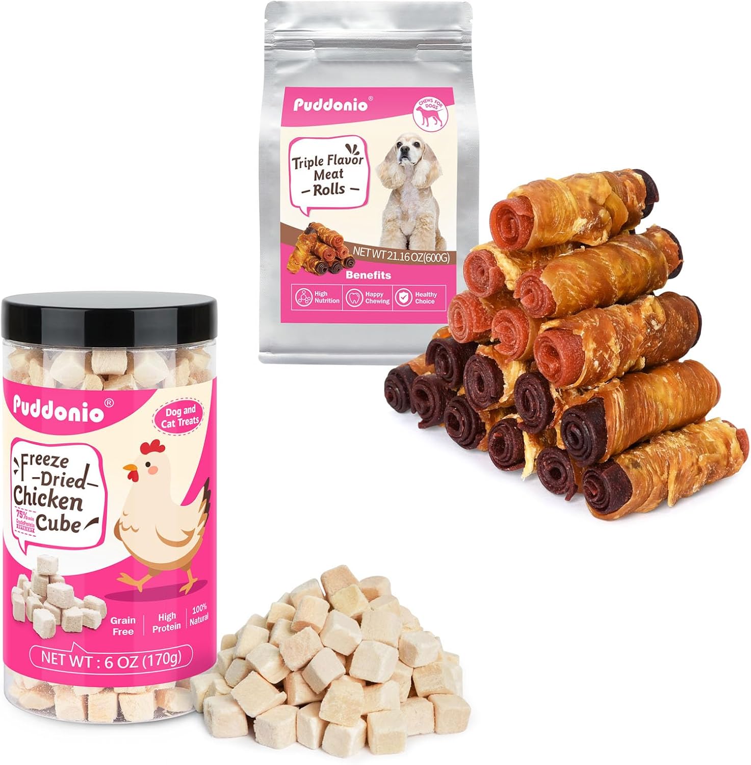 Chicken Freeze Dried Pets Raw Treats 6oz & Chicken Duck Beef Meat Rolls Dog Treats 21.16 oz