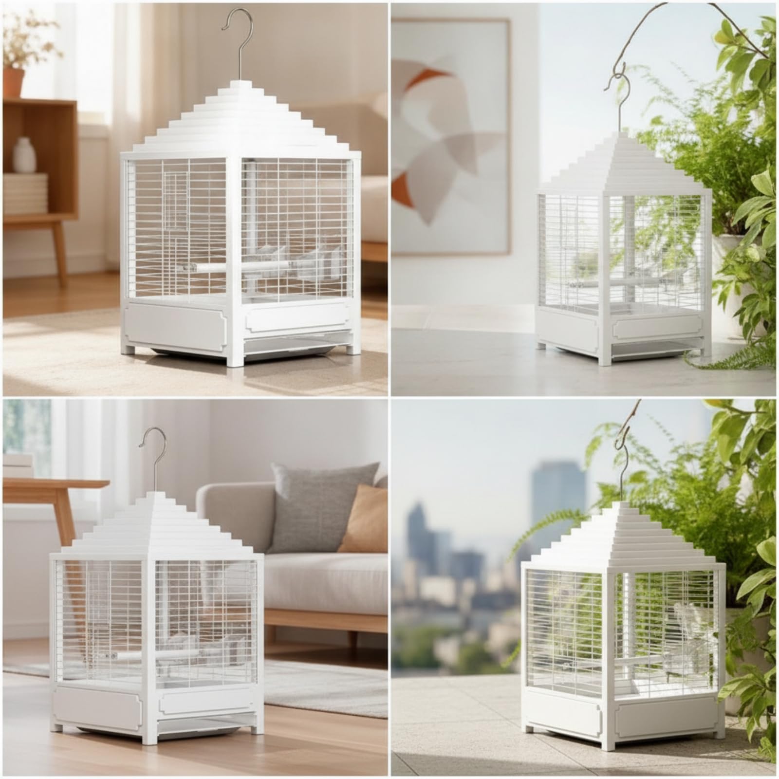 Dekokäfig mit Aufhängehaken quadratisch Vogelkäfig mit herausnehmbarer Bodenschale kompakt Vogelgehege für Wohnzimmer, Balkon