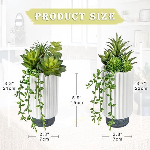 Miniatura 3 de Hollyone Juego de 2 plantas suculentas artificiales de 9 pulgadas, plantas suculentas falsas en maceta de cerámica, plantas suculentas para