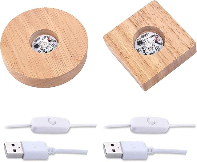 2 Pcs 4" LED Round Wood Display Base for Crystals Glass Art, Colorful Light Square Crystal Display Base Stand with 6 LEDs