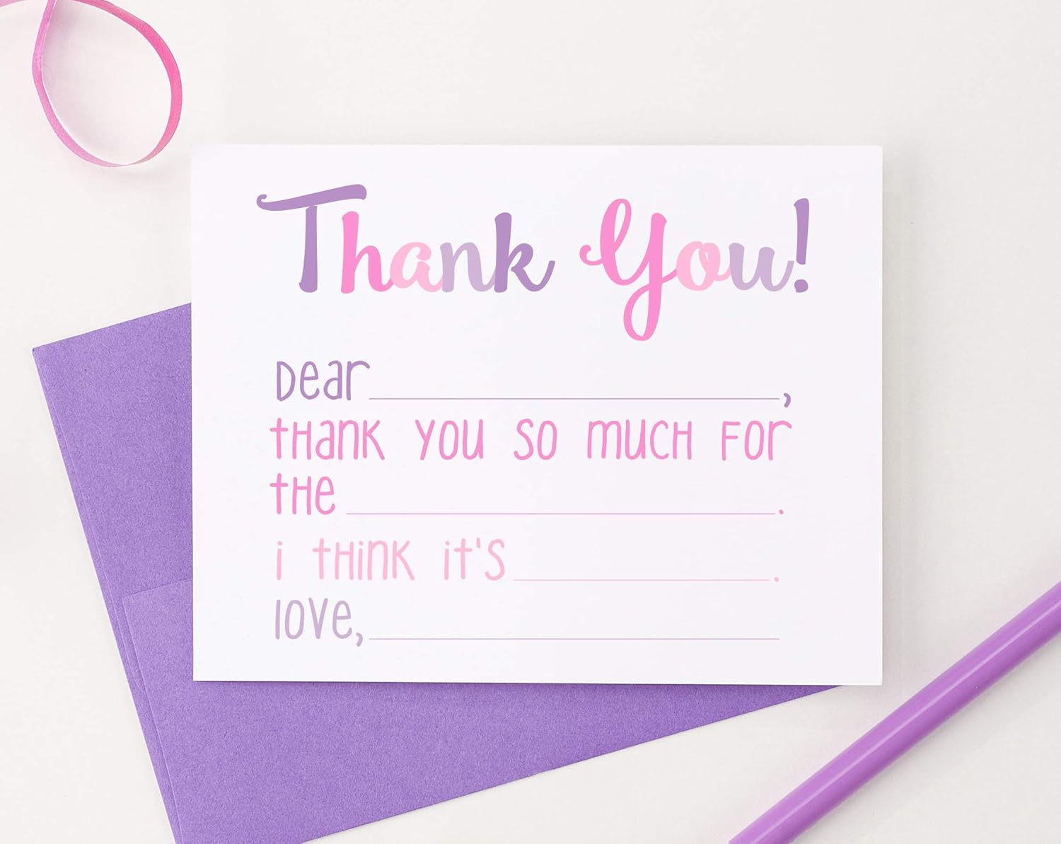 FLAT Note Cards for Girls, Fill In Stationary for Girls. Fill In the Blank Thank You Cards for Kids, Your Choice of Colors and Quantity