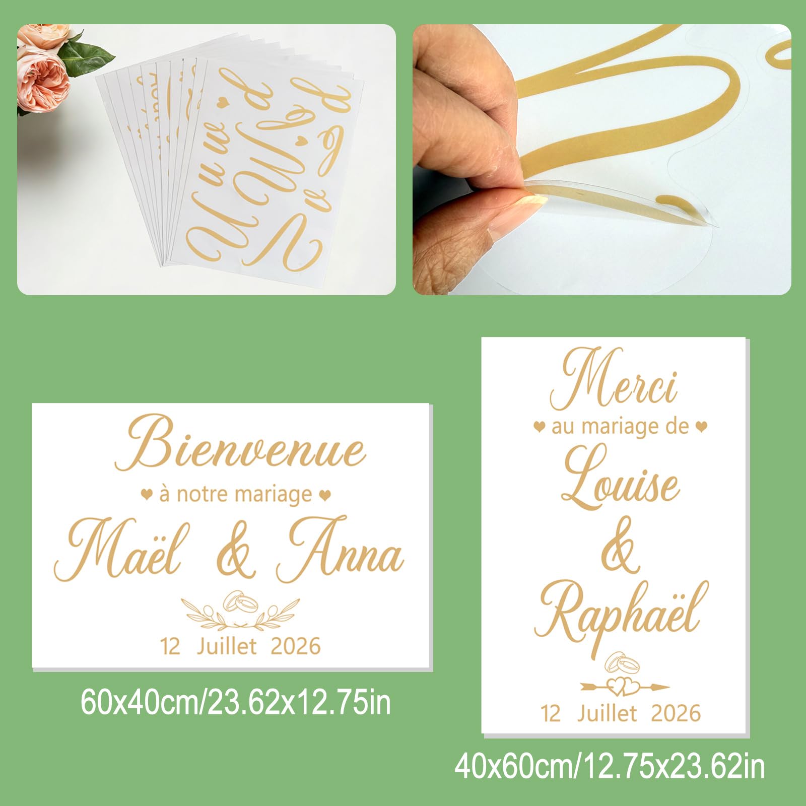 10pcs Sticker pour Panneau de Mariage Personnalisé Bienvenue au Mariage Autocollants Personnalisés Mariage Décoration-Adaptés aux Panneaux de 60x40cm/40x60cm,Doré Clair - 5