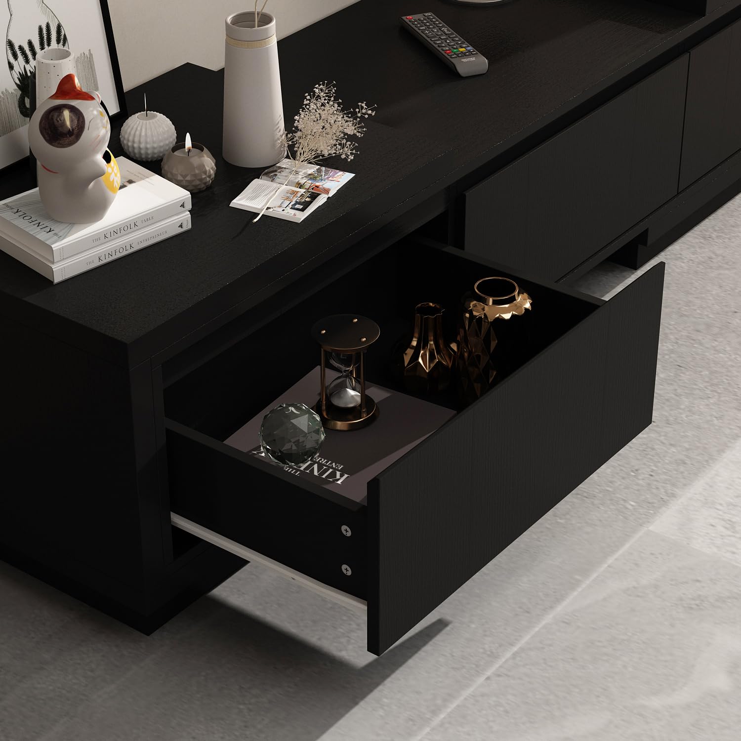 Caldion Verstellbares TV Schrank,160-270 cm Breit,Lowboard für Fernseher,Fernsehtisch mit 3 Schubladen,Tv Board,Tv Tisch,TV Bank,für Wohnzimmer Schlafzimmer,Schwarz,270x40x39cm