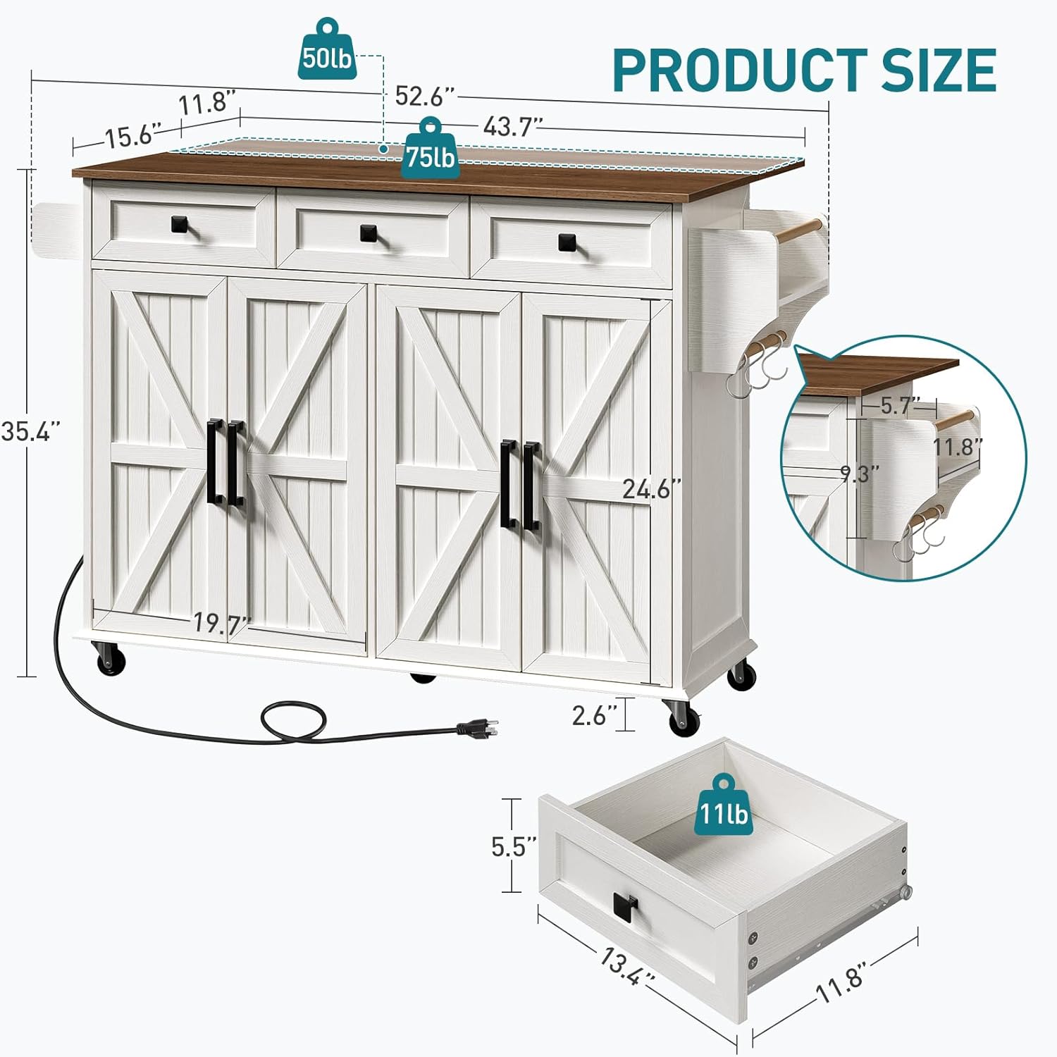 Kitchen Island with Drop Leaf & Power Outlet, Rolling Kitchen Island Cart On Wheels, Barn Door Kitchen Island Table with Storage and Tower Rack, Island Table for Kitchen, White and Walnut