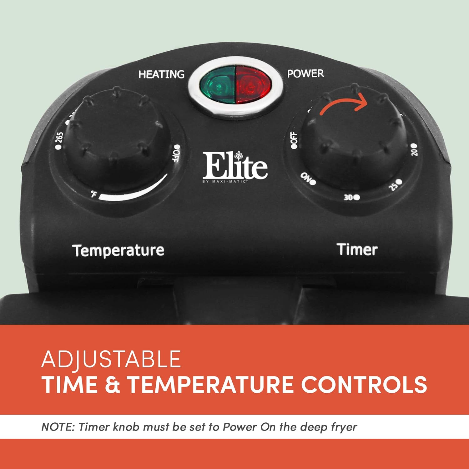 Close-up of Elite Gourmet Deep Fryer control panel with temperature and timer knobs