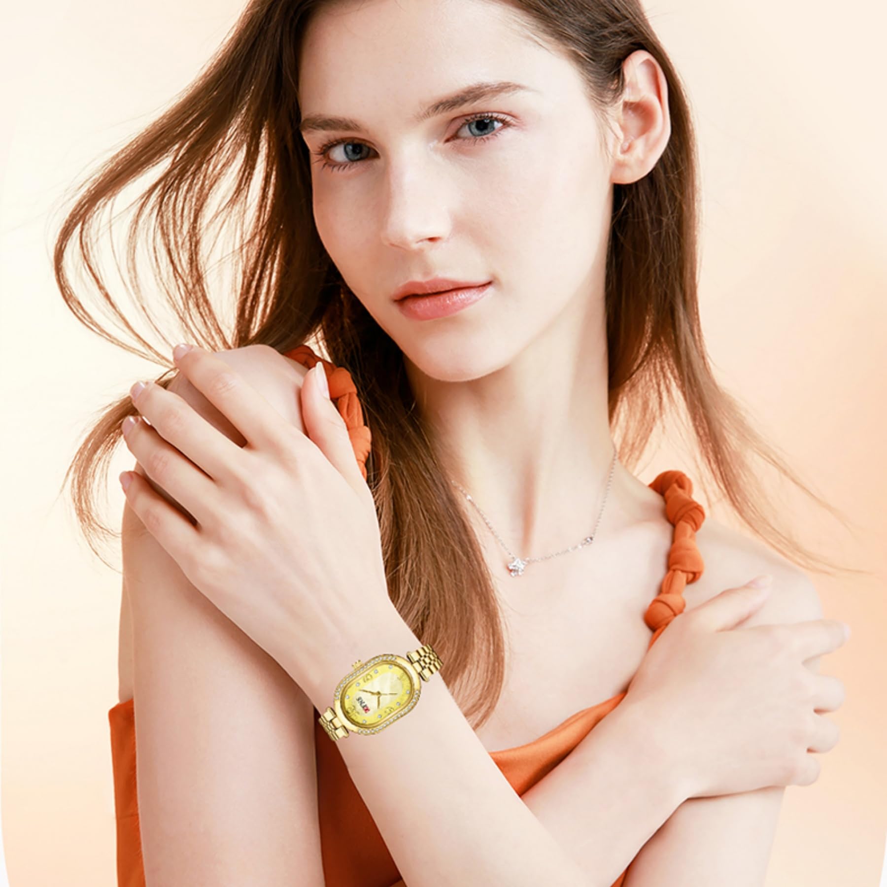 OFNS Reloj de mujer ovalado con diamantes y esfera de nácar, diseño minimalista clásico, acero inoxidable, para mujer