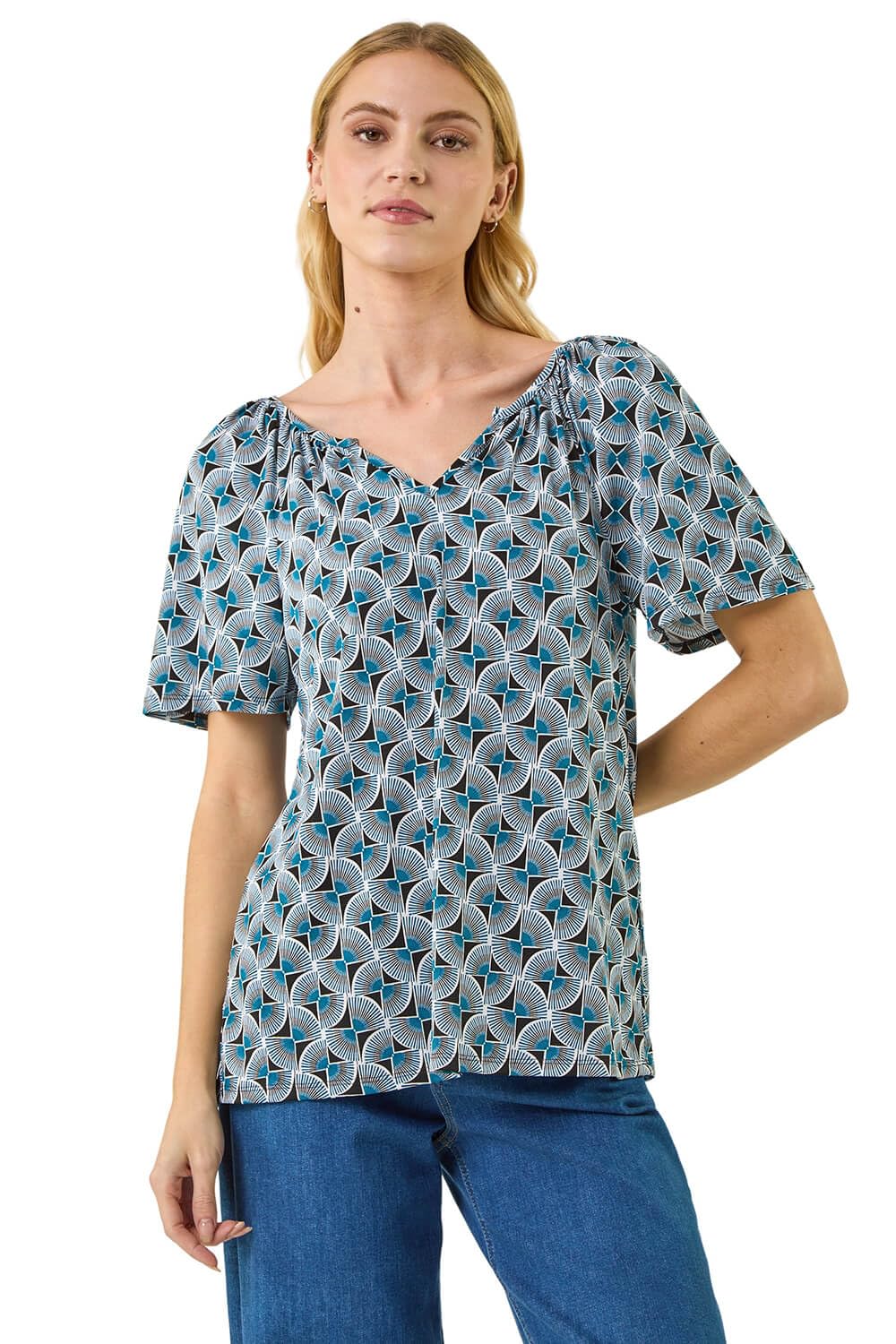 Roman Women's Blue Abstract Print V-Neck Stretch Top In | : Size 20