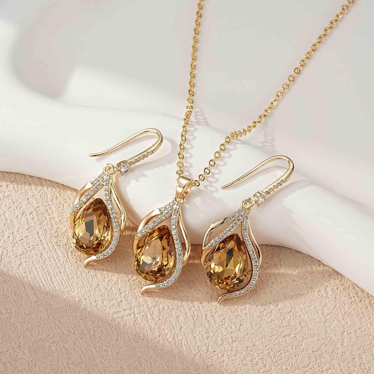 EVEVIC Austrian Crystals Teardrop Hollow Twisted Pendant Necklace Earrings for Women 14K Gold Plated Halo Drop Dangle Earrings Hypoallergenic Jewelry Set - Image 5