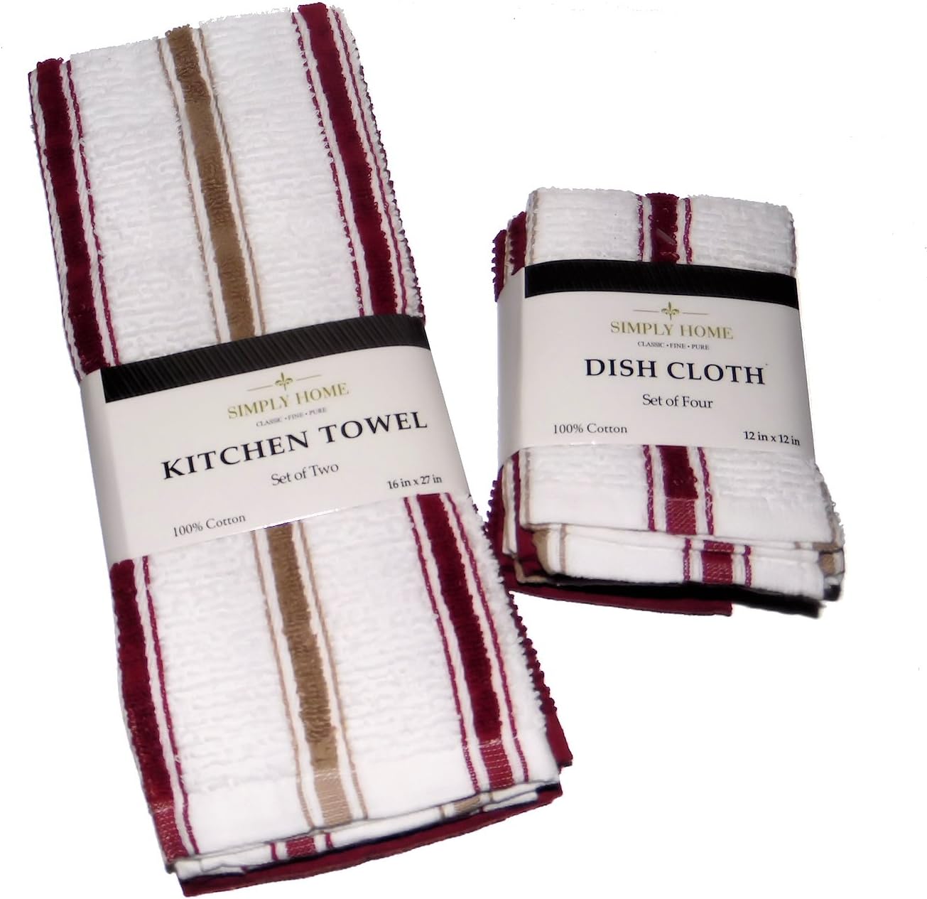Burgundy Red Stripes 6 Piece Kitchen Linens Gift Set Kitchen Towels and Dish Cloths 100% Cotton