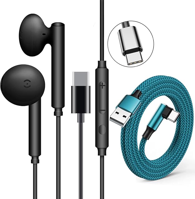 USB C Headphones Type C Earphones usb c earbuds Wired Headphones In Ear with Mic and Volume Control Noise Cancelling Earbuds Compatible with Huawei P30Pro Samsung S20 (Plus USB C Charger Cable 6FT)