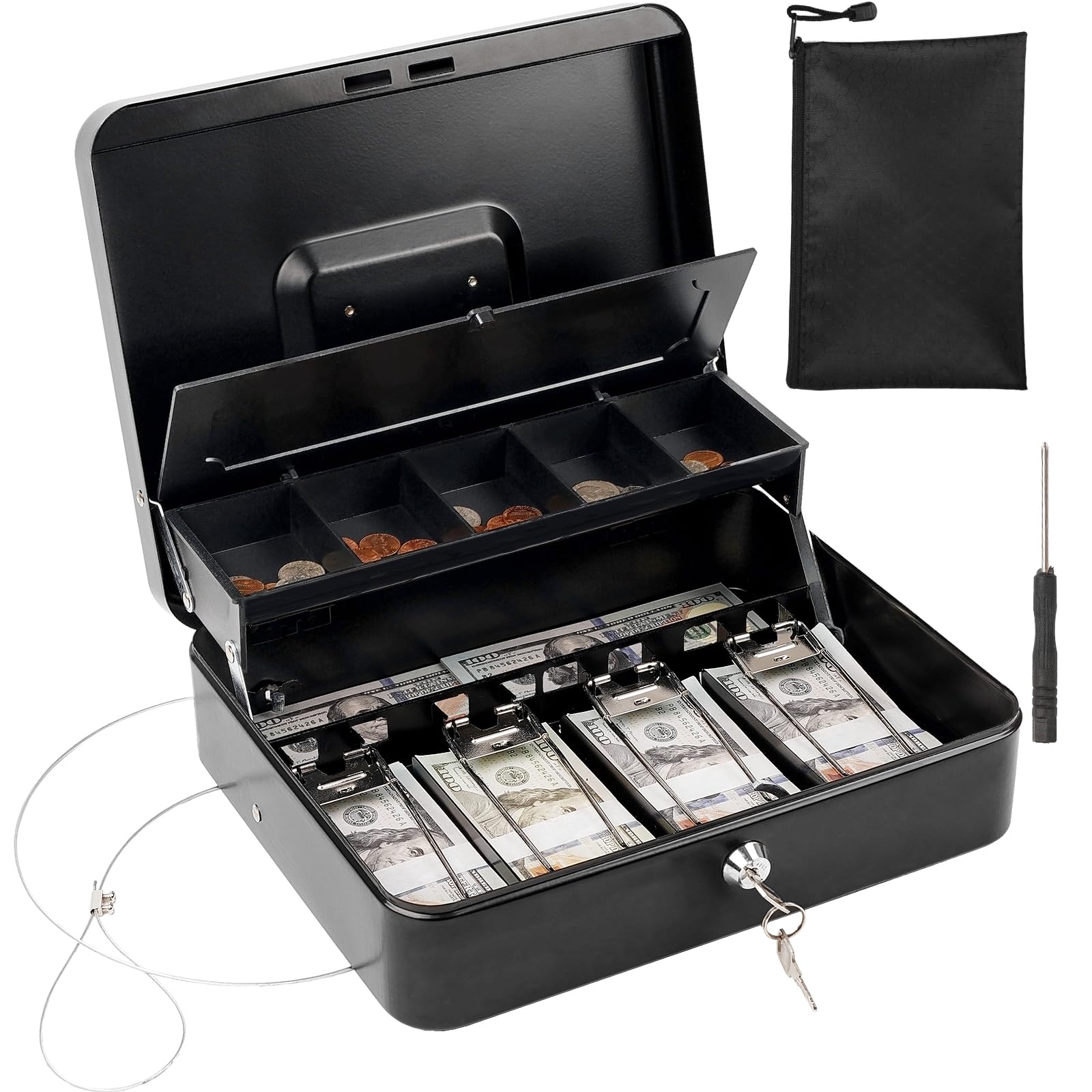 Polspag Large Cash Box with Security Cable & Coin Tray,Sturdy Steel Money Boxes with Money Tray and Key Lock, Portable Safe Locking Cash Boxes, Black (Black-Key)