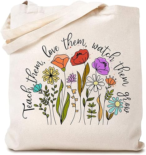 TSIIUO Bolsa de lona para profesora con flores silvestres divertida, para enseñarles, jardín de infantes, profesores, vida, reutilizable, bolsa de