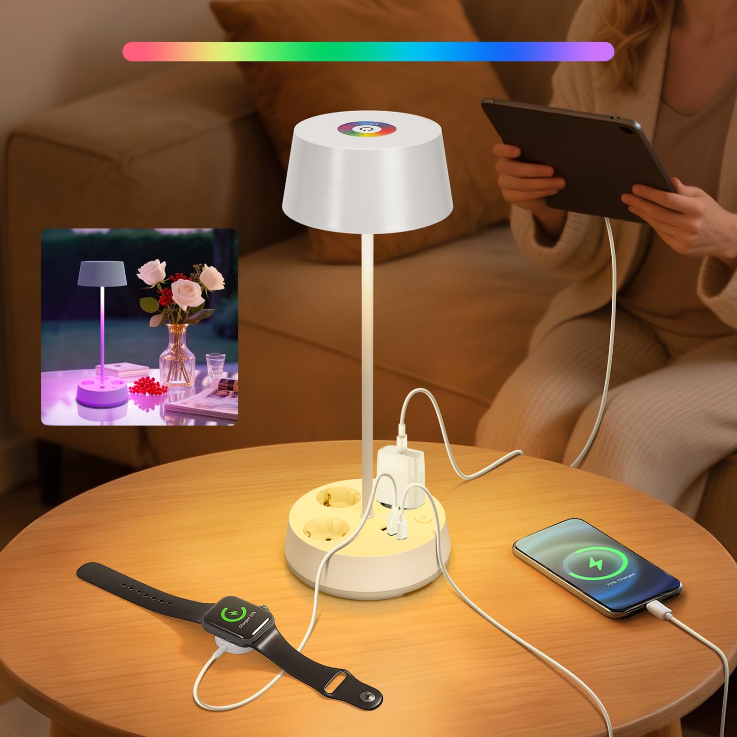 Aigostar 2 Stück Schreibtischlampe mit Stecker und Steckdosen, USB- und Typ-C-Ausgang, Touch-Tischlampe, 3 Farbtemperaturen + RGB, einstellbare Helligkeit (Weiß)