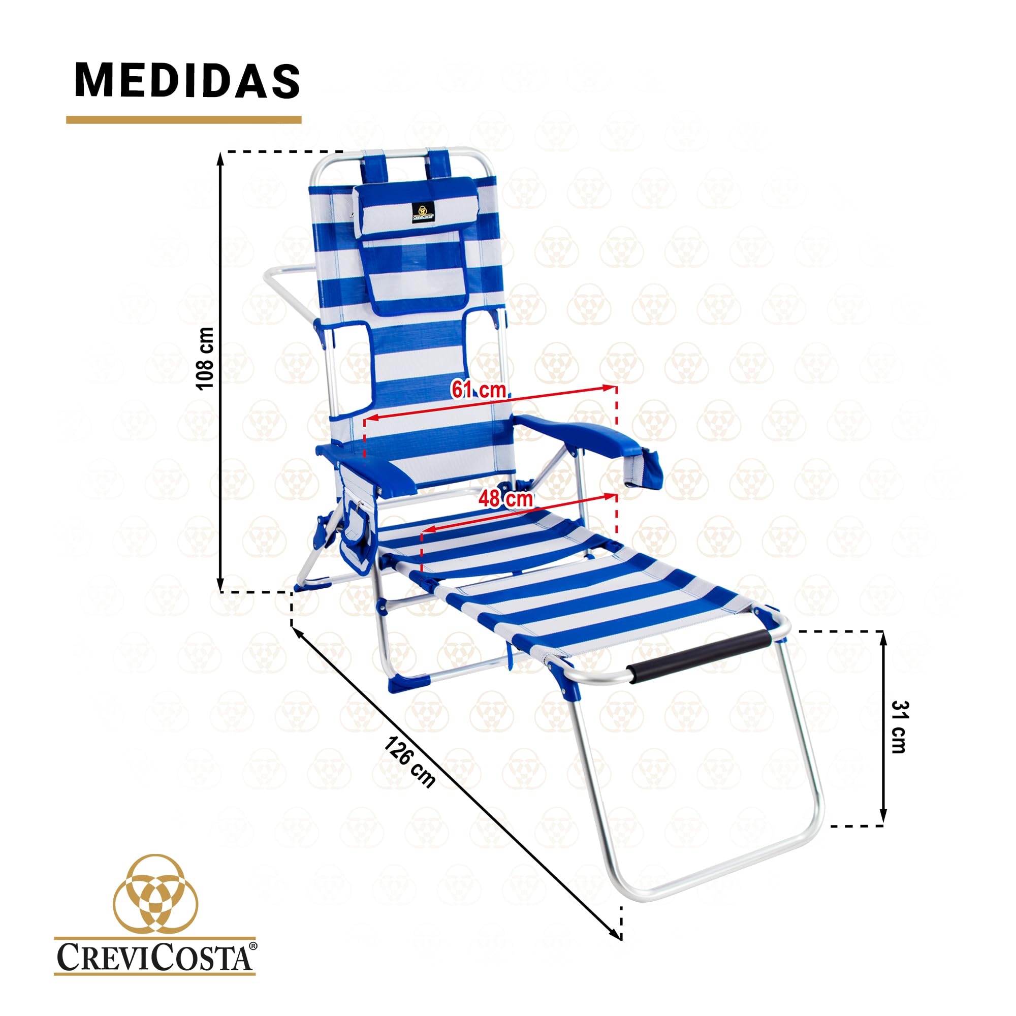 CREVICOSTA Silla de Playa Tipo Masaje 9 Posiciones Plegable Abatible con Reposabrazos