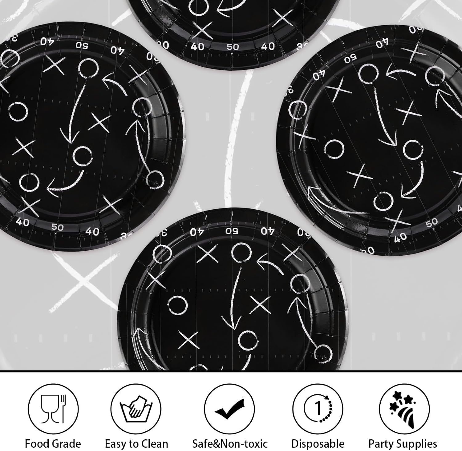 Grencian 50Pcs Black Football Party Plates 9" Heavy Duty Disposable Football Paper Plates for Sport theme Super Game Bowl Birthday Party Decorations Serve 50