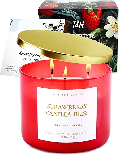 Miniatura 7 de Strawberry Vanilla Bliss - Vela perfumada de soja de 3 mechas de 15.8 onzas  Vela grande de bayas y vainilla para el hogar  Vela relajante de