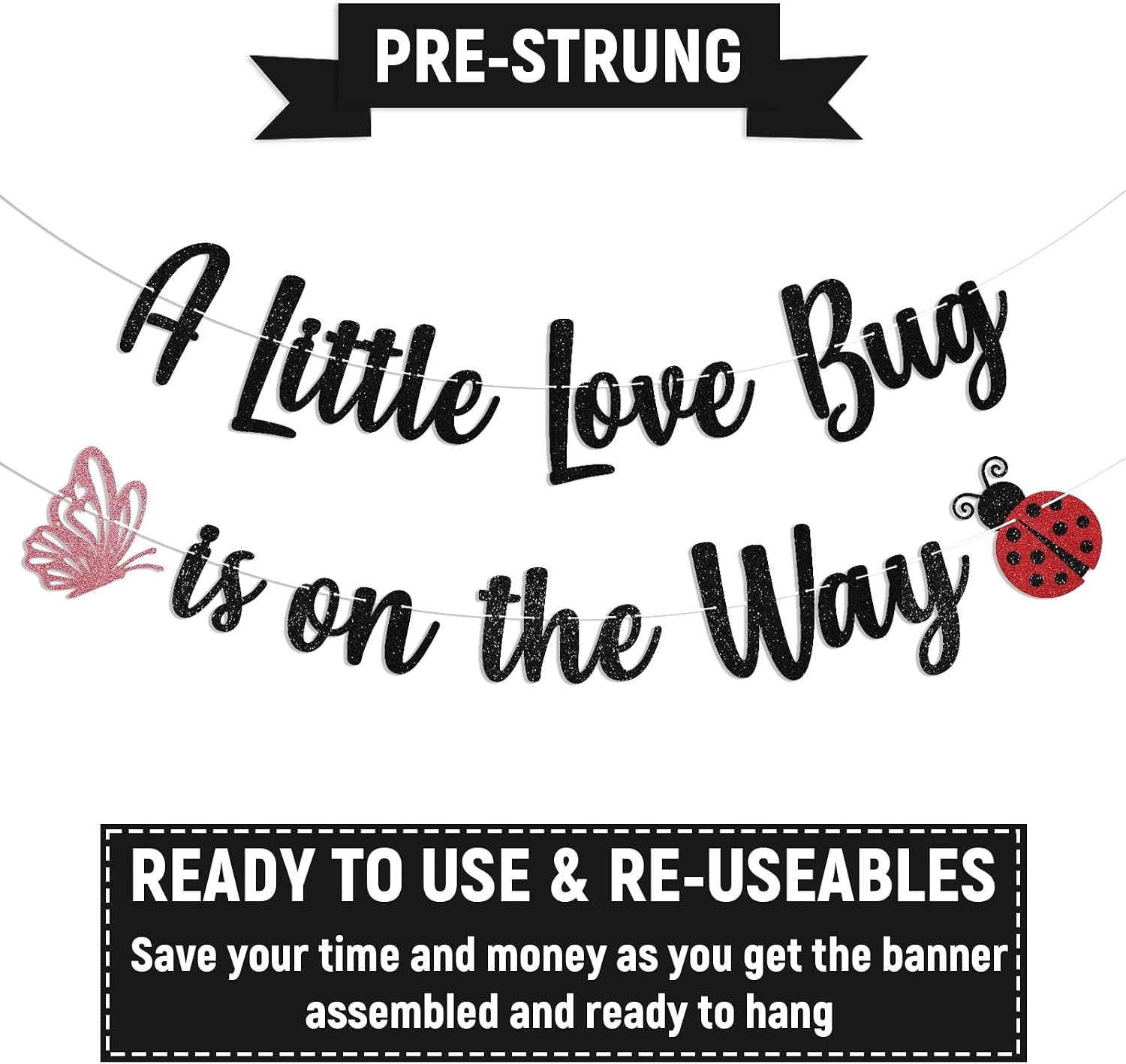 A Little Love Bug is on the Way Banner - Little Bug Baby Shower Decor, Ladybug Butterfly Baby Shower Gender Reveal Party Decorations Black Glitter image 3