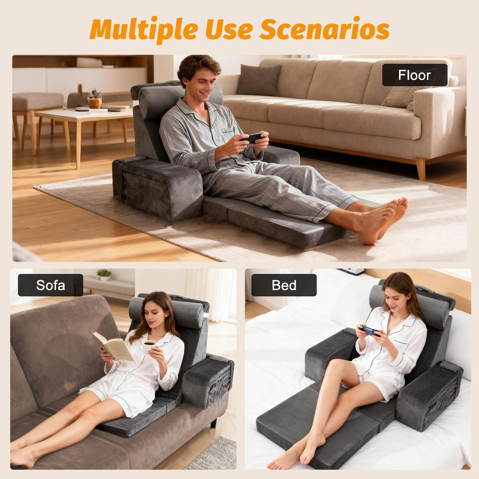 Cuscino da lettura per letto e divano, cuscino per schienale in memory foam, con cuscino cervicale e braccioli e cuscini rimovibili, cuscino per la schiena per adulti per leggere videogiochi