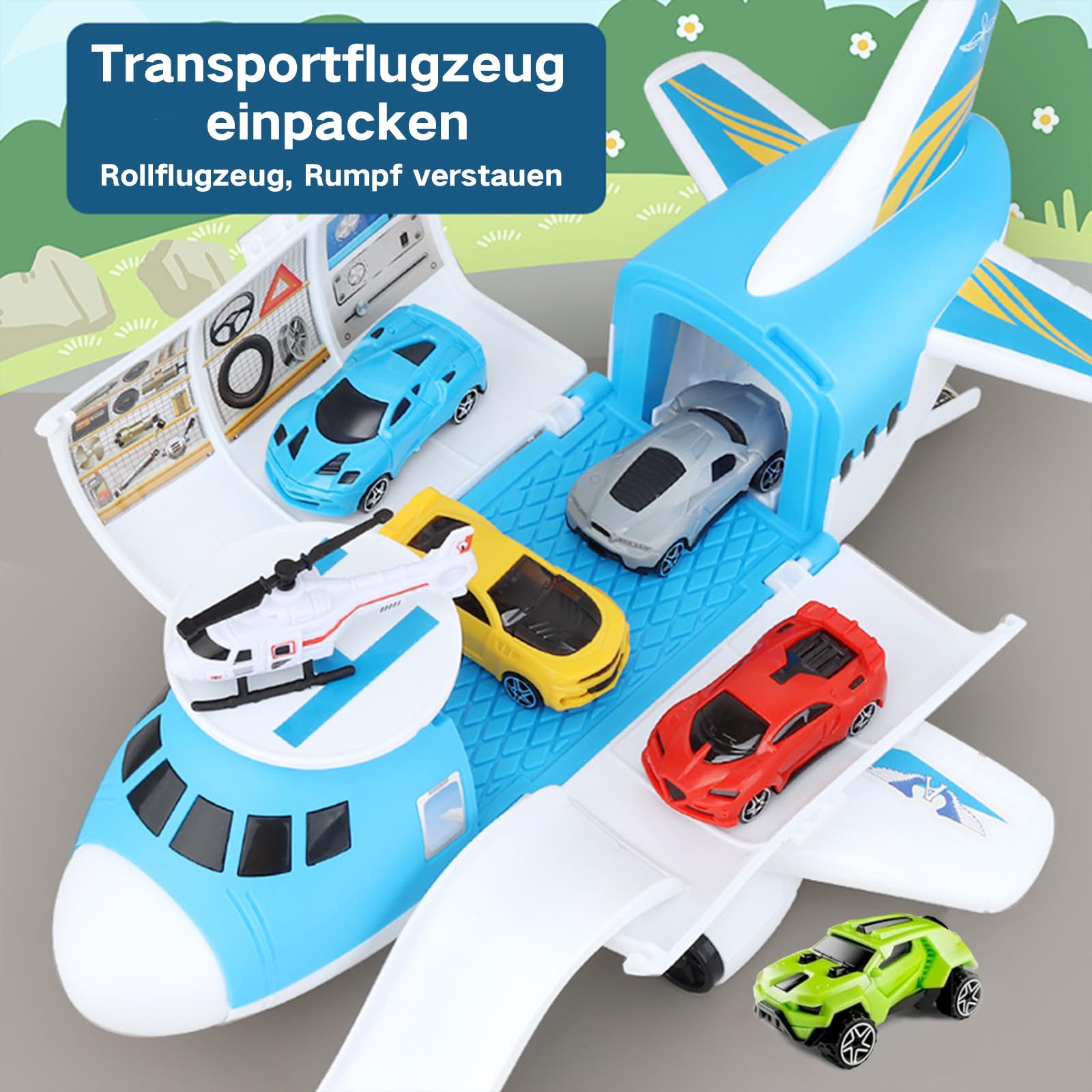 Set Regalo Giocattolo Genitori e Bambini Giocattolo aereo sicuro con aereo grande 5 auto e 1 elicottero Ideale per genitori che regalare giocattoli aereo ai loro bambini di 3 anni e più