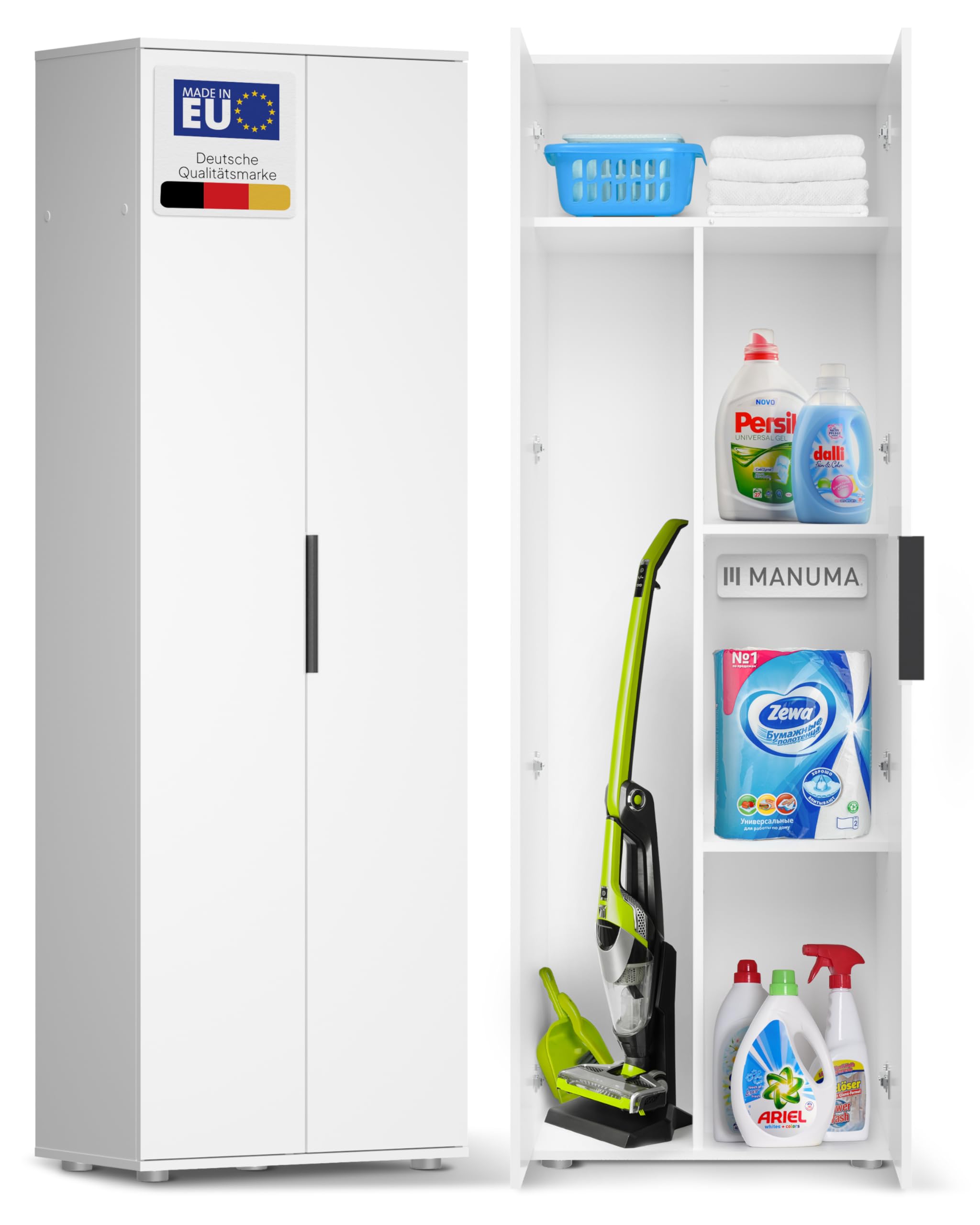 MANUMA Besenschrank 60 cm breit Flurschrank Vorratsschrank - Aufbewahrungsschrank 5 Fächer - Mehrzweckschrank Haushaltsschrank