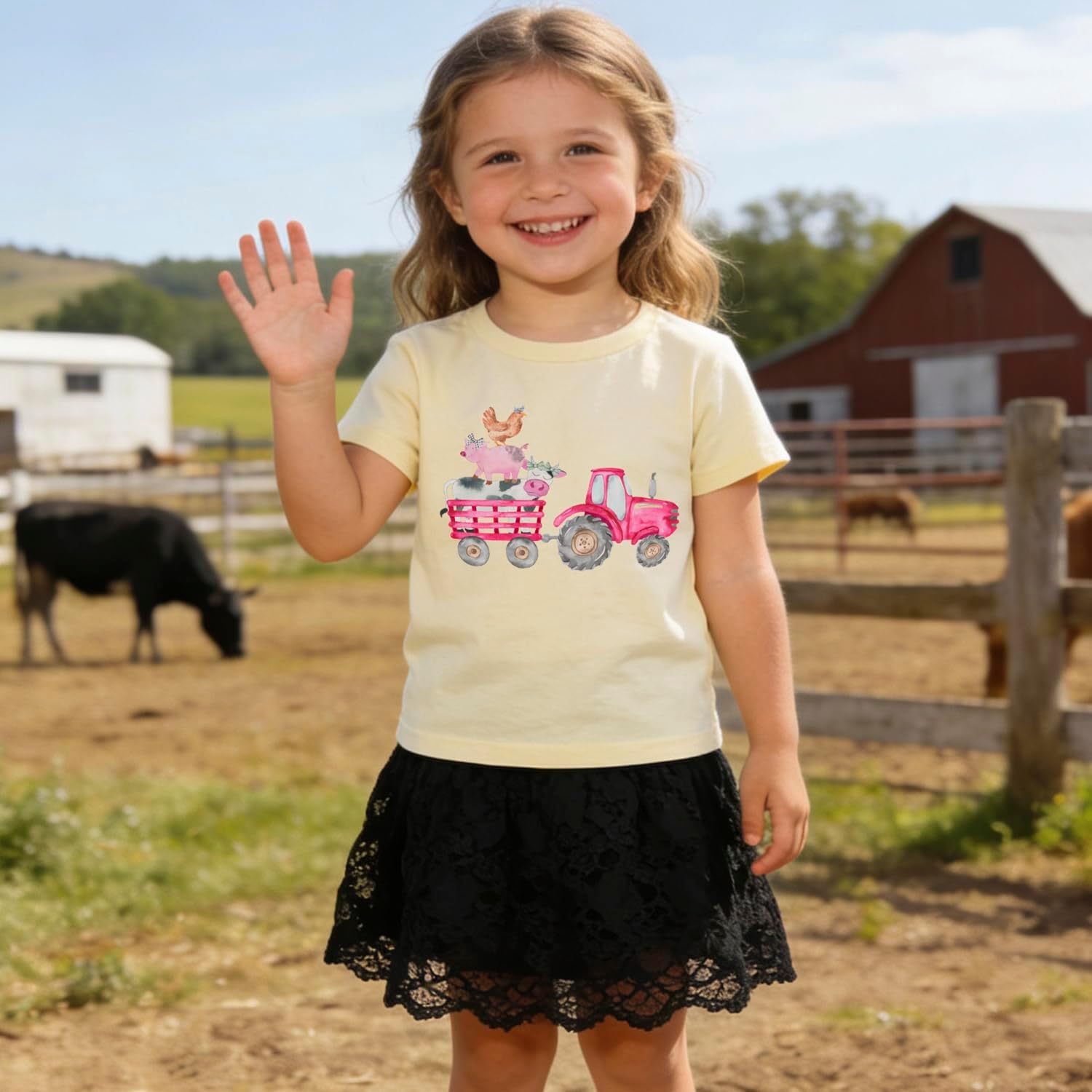 Toddler Kids Farm Cute Animal Pink Tractor Pattern Short Sleeve T-Shirt Summer Cotton Casual Tee Tops Clothes 2-7 Years