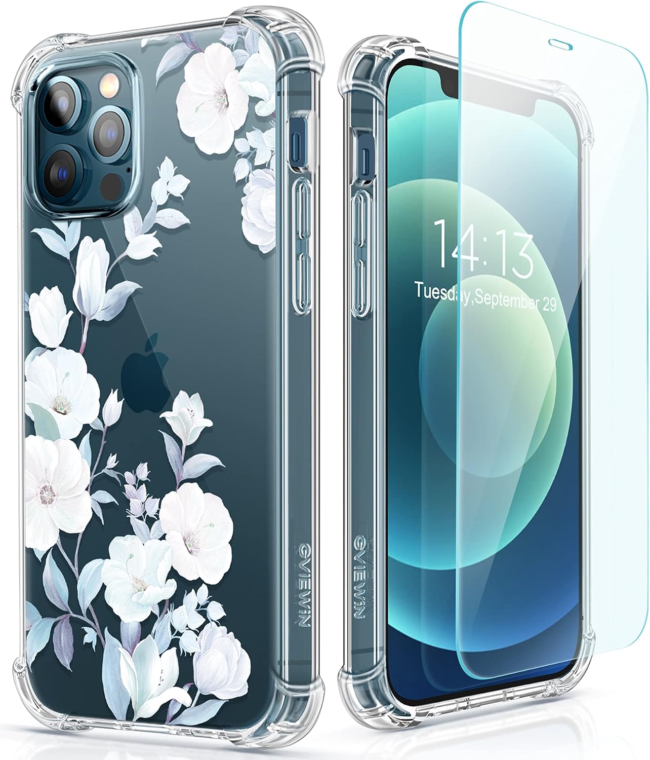 GVIEWIN for iPhone 12 Pro Max Case with Screen Protector, Floral Clear Women Phone Case Flower Shockproof Full Body Protective TPU Bumper Cover 6.7 Inch (Hibiscus)